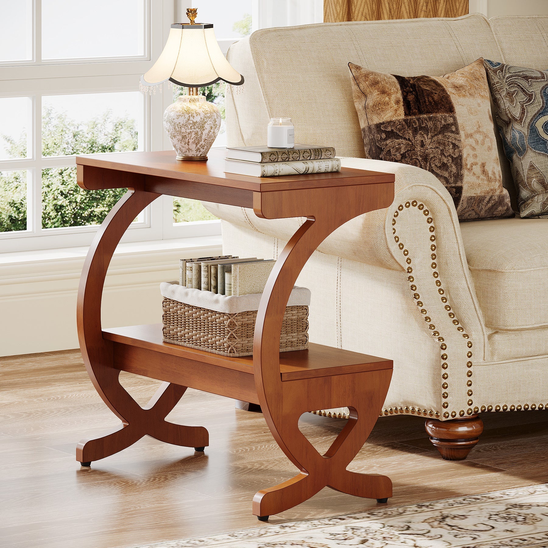 Solid Wood End Table, Narrow 2-Tier Side Table with Storage Shelf