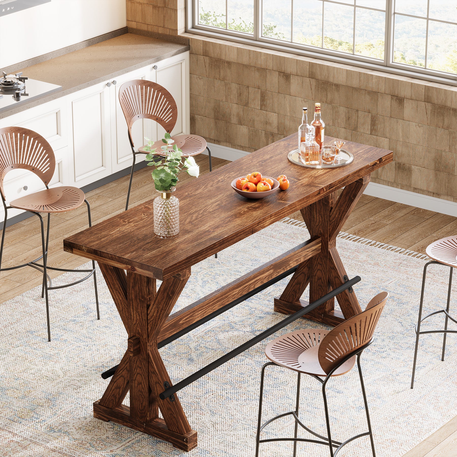 Solid Wood Bar Table, Rectangular Counter Height Pub Table With X-Base