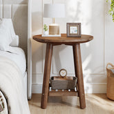 23.62" Round Solid Wood Side Table, 2-Tier Farmhouse Storage Shelf Walnut 3