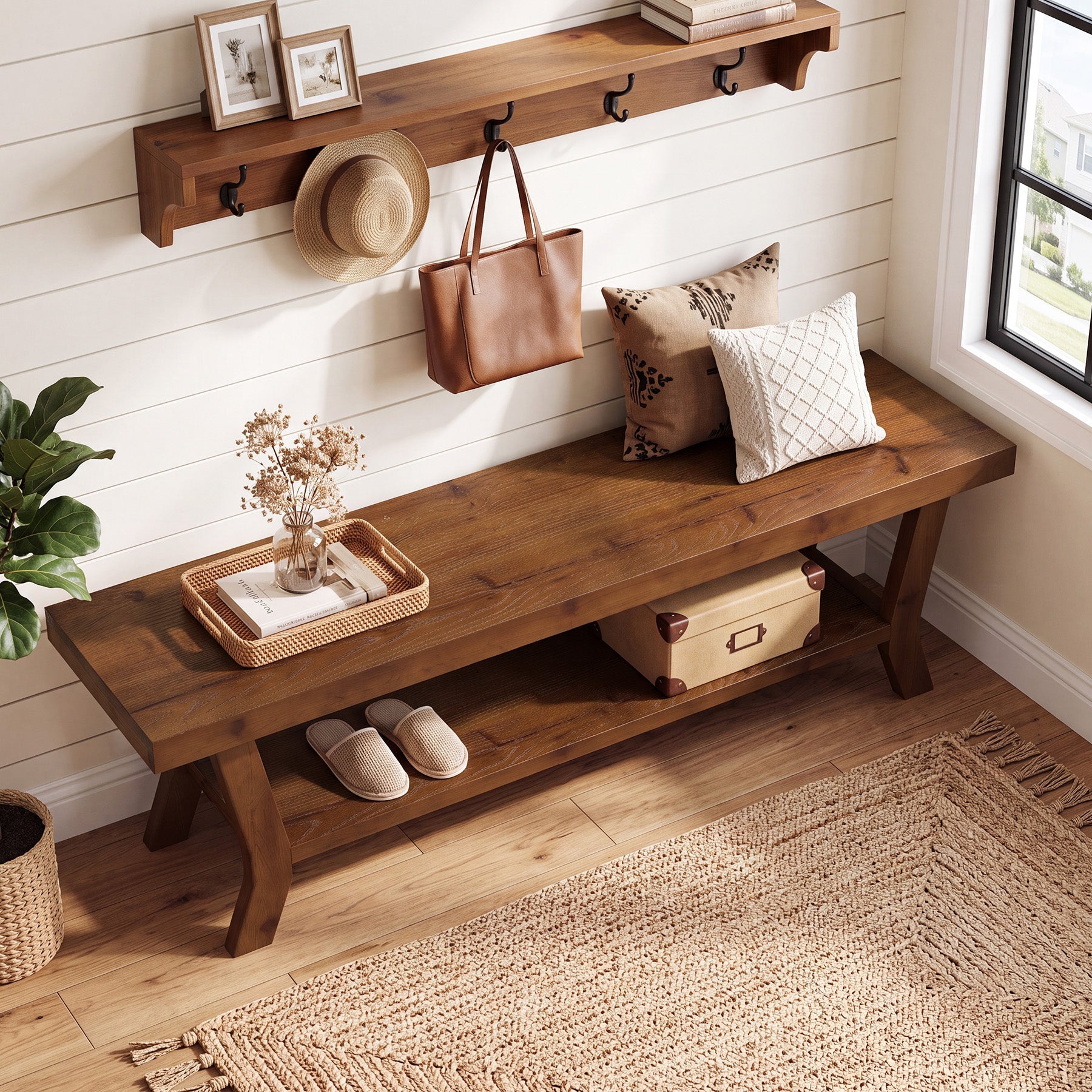55-Inch Solid Wood Entryway Bench with Lower Shoe Shelf, Farmhouse Seat for Hallway