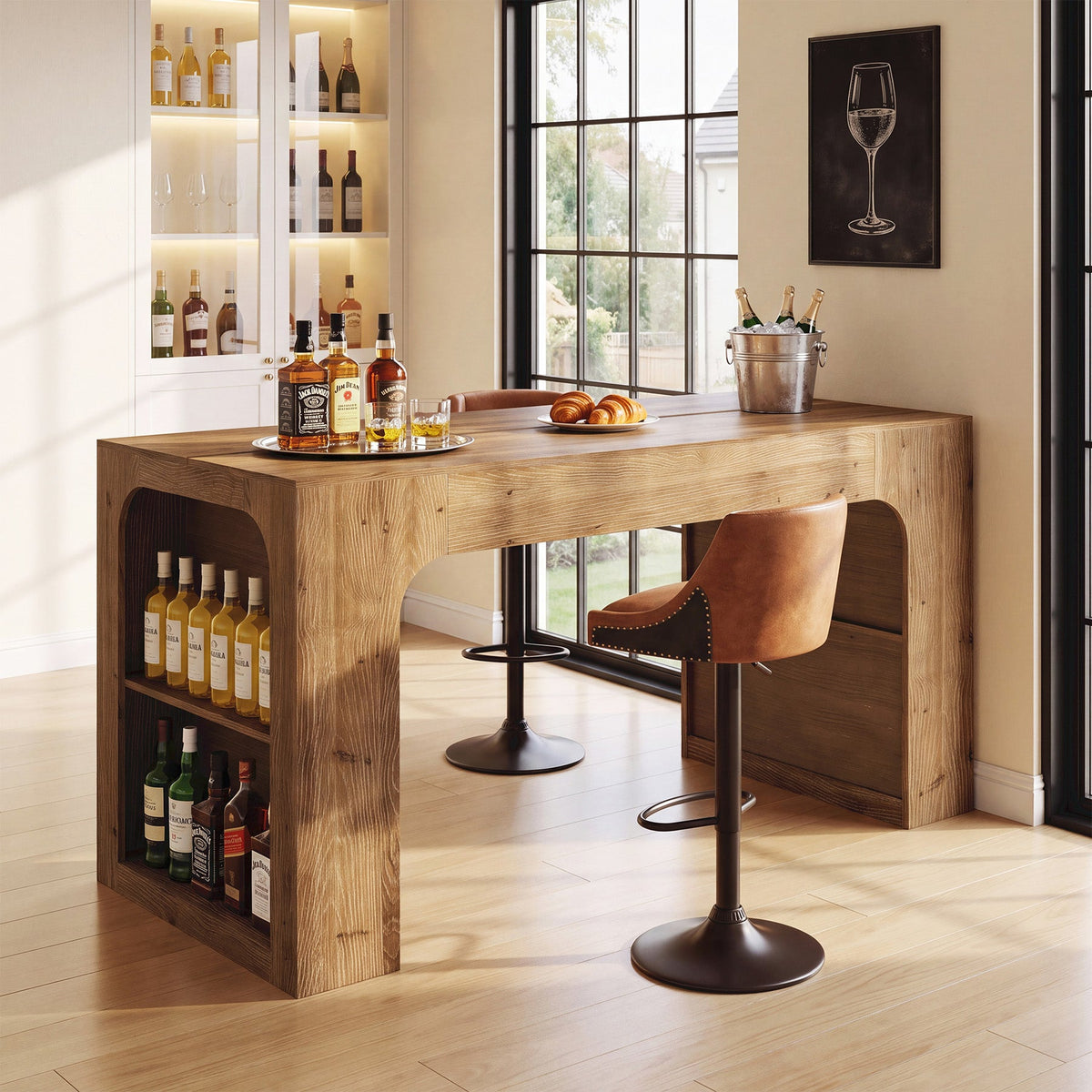 63" Solid Wood Counter Height Bar Table with Storage Shelves, Dining Room