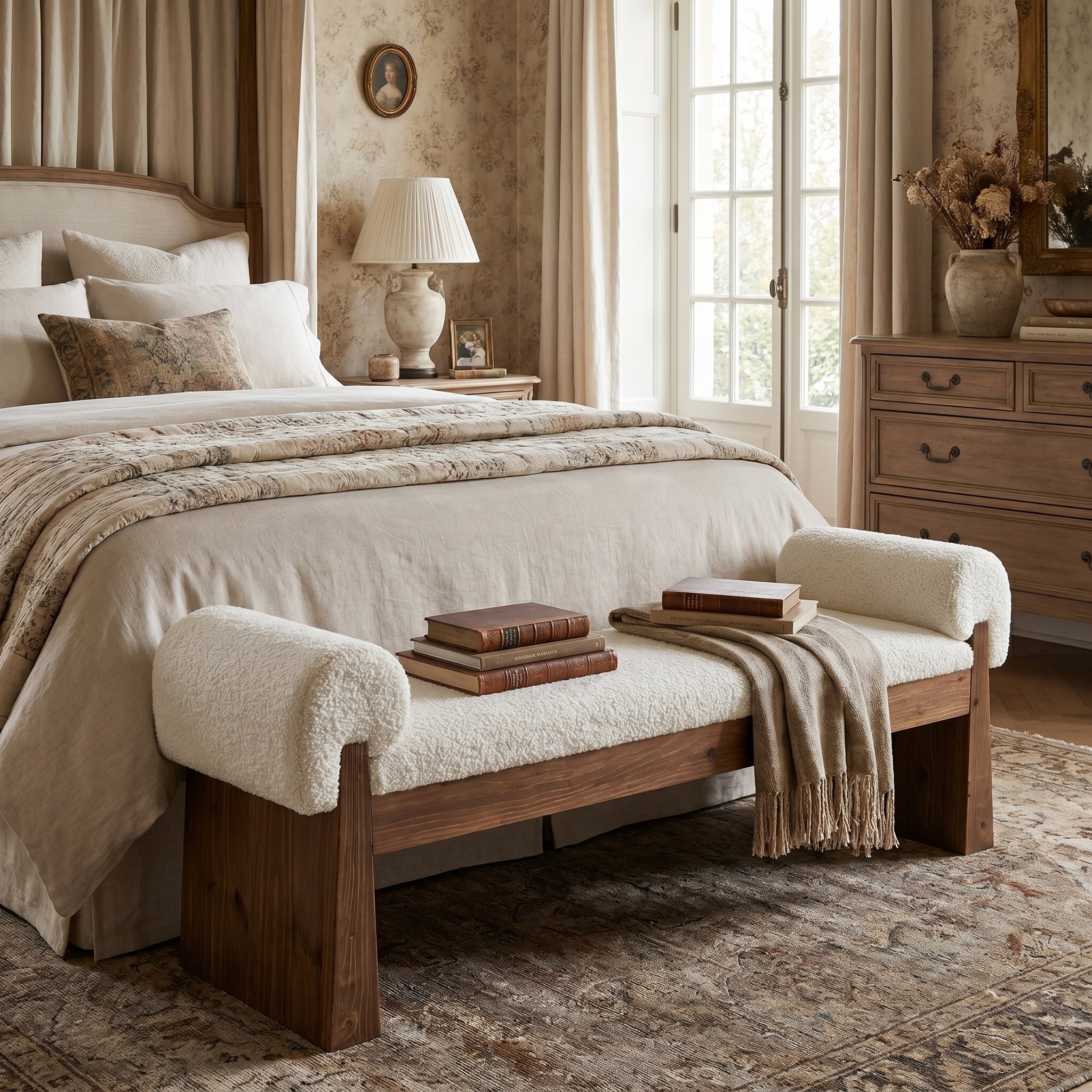 Solid Wood Cushioned Bench, Upholstered Entryway Bench End of Bed Bench