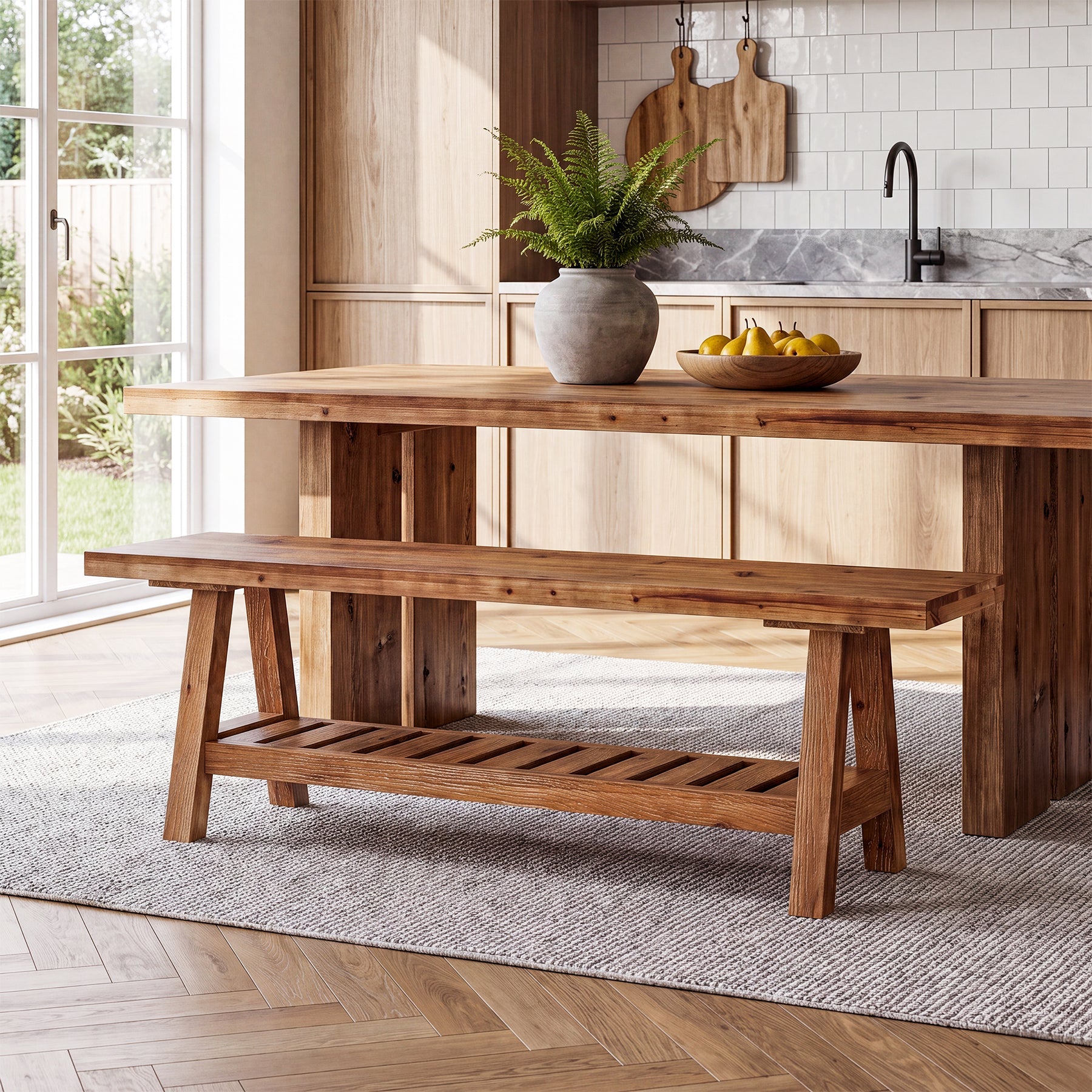 55" Solid Wood Dining Bench, Long 2-Tier Indoor Seating for Dining Room