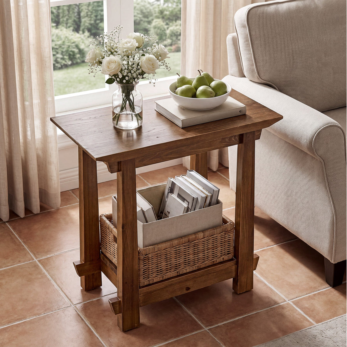 2-Tier Solid Wood End Table, Rectangle Sofa Side Table, Living Room Bedroom Nightstand