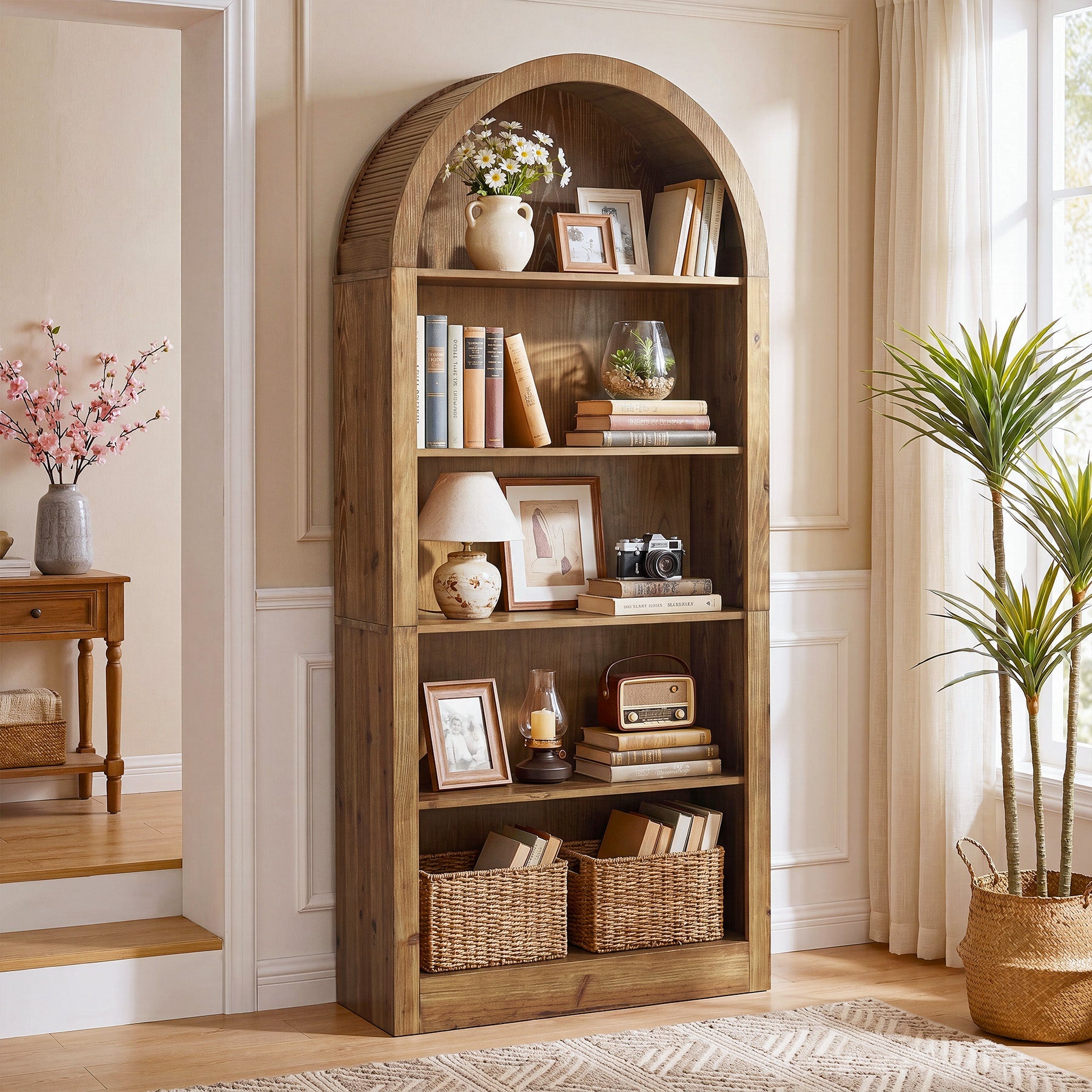 70.8" Solid Wood Tall Bookcase , 5-Tier Arched Bookshelf Open Display Etagere