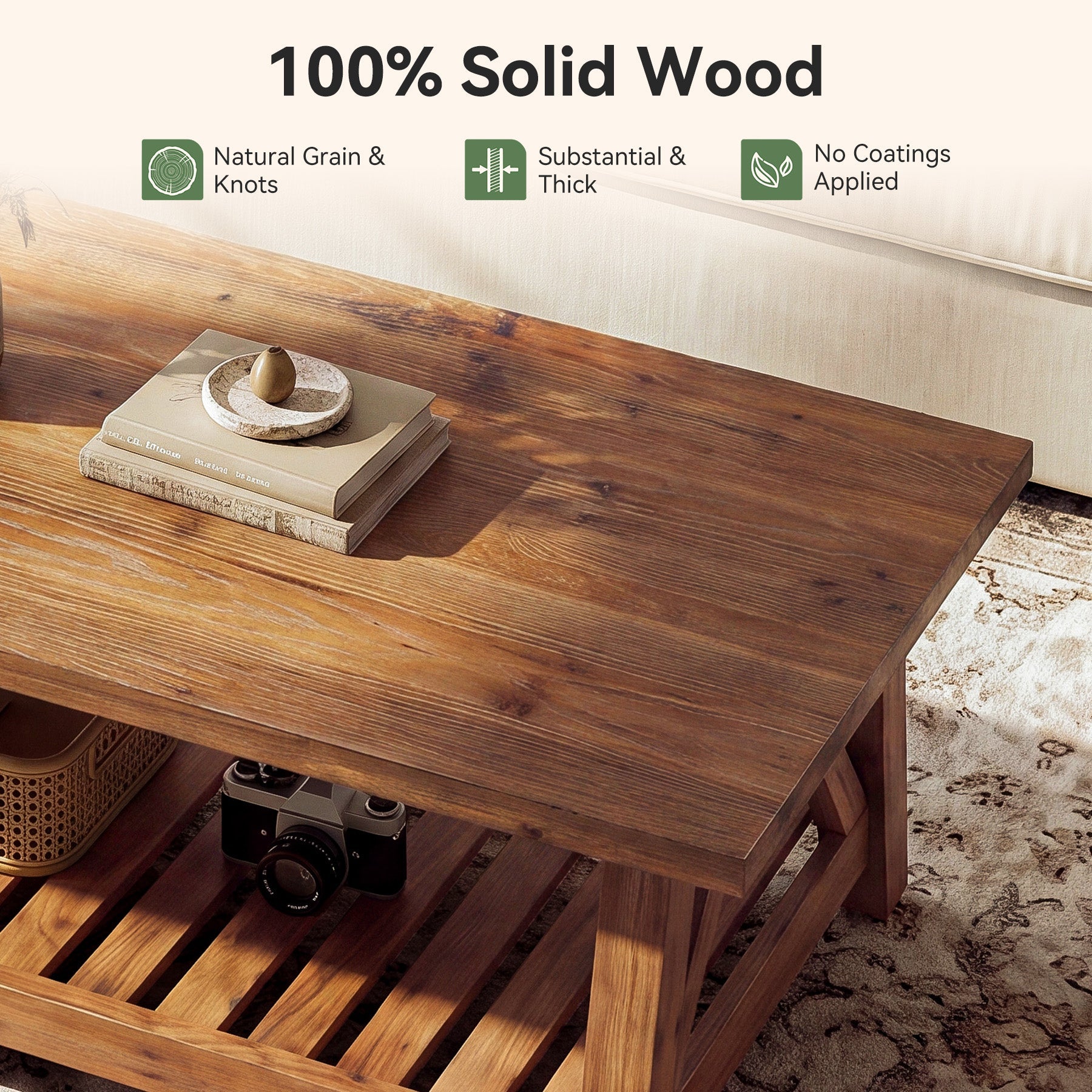 47.24" Farmhouse Solid Wood Coffee Table, Rectangle Center Table with Shelf for Living Room