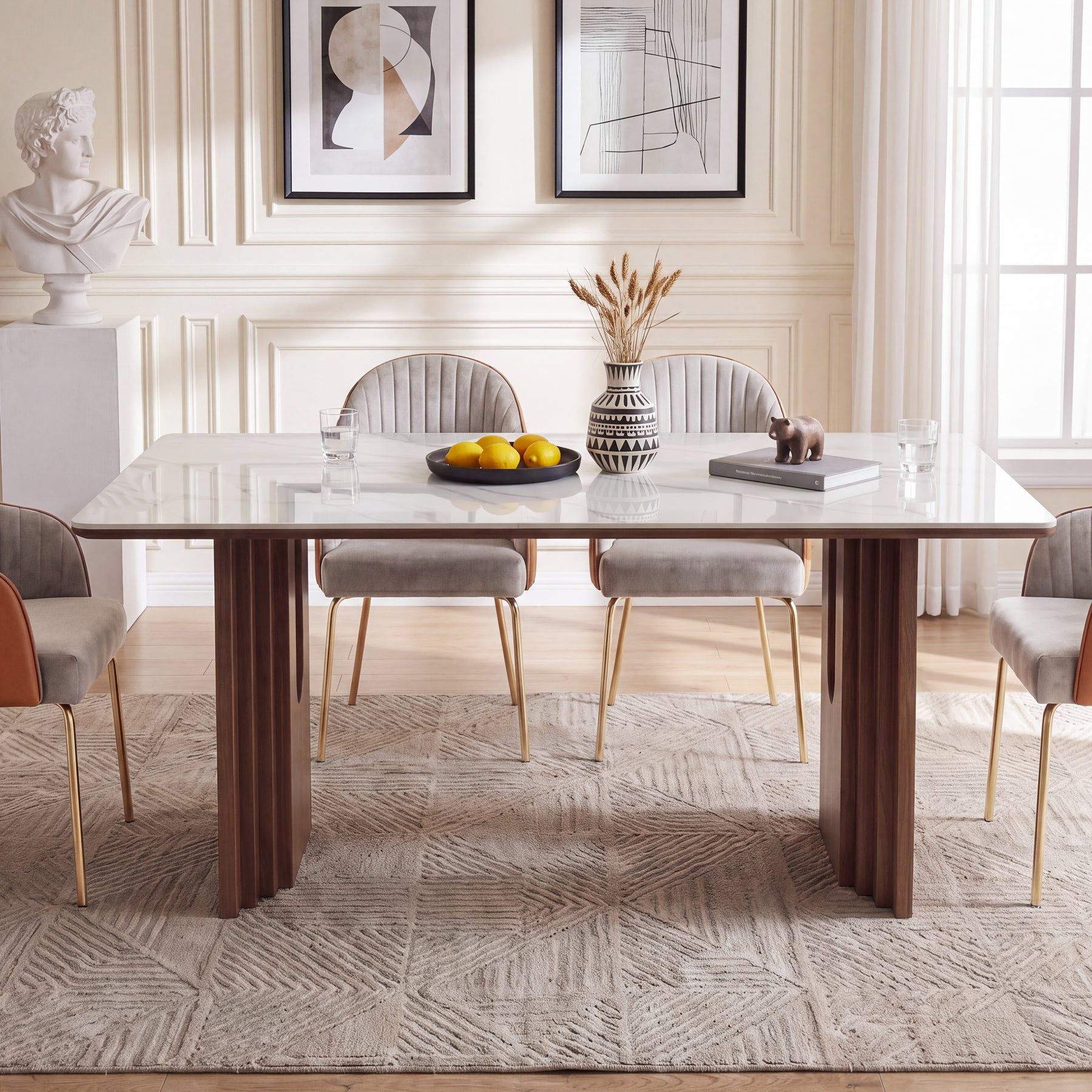 63" Sintered Stone Dining Table with Solid Wood Pedestal Double Base for 6