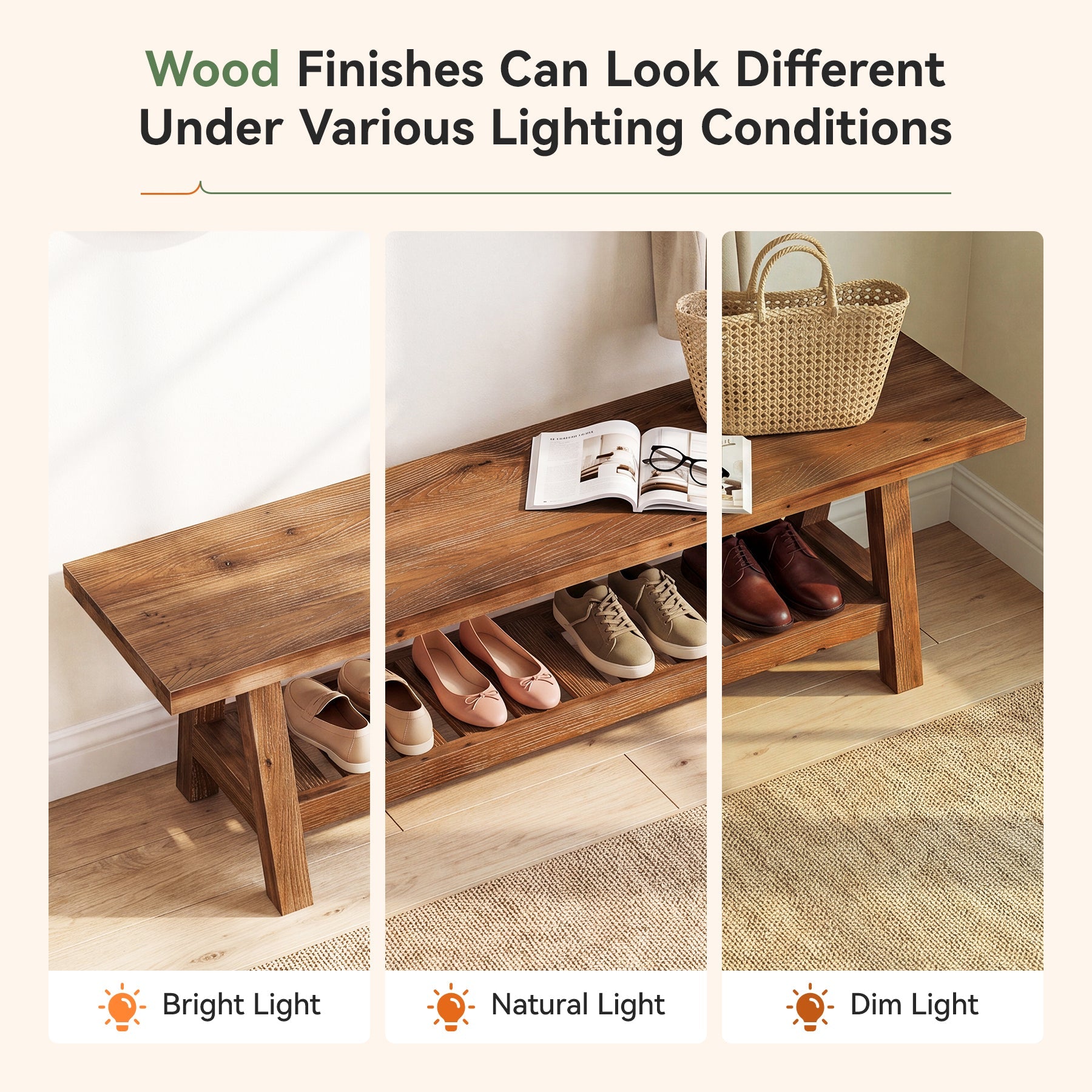 55" Entryway Bench, Solid Wood Shoe Bench End of Bed Seating with Storage Shelf