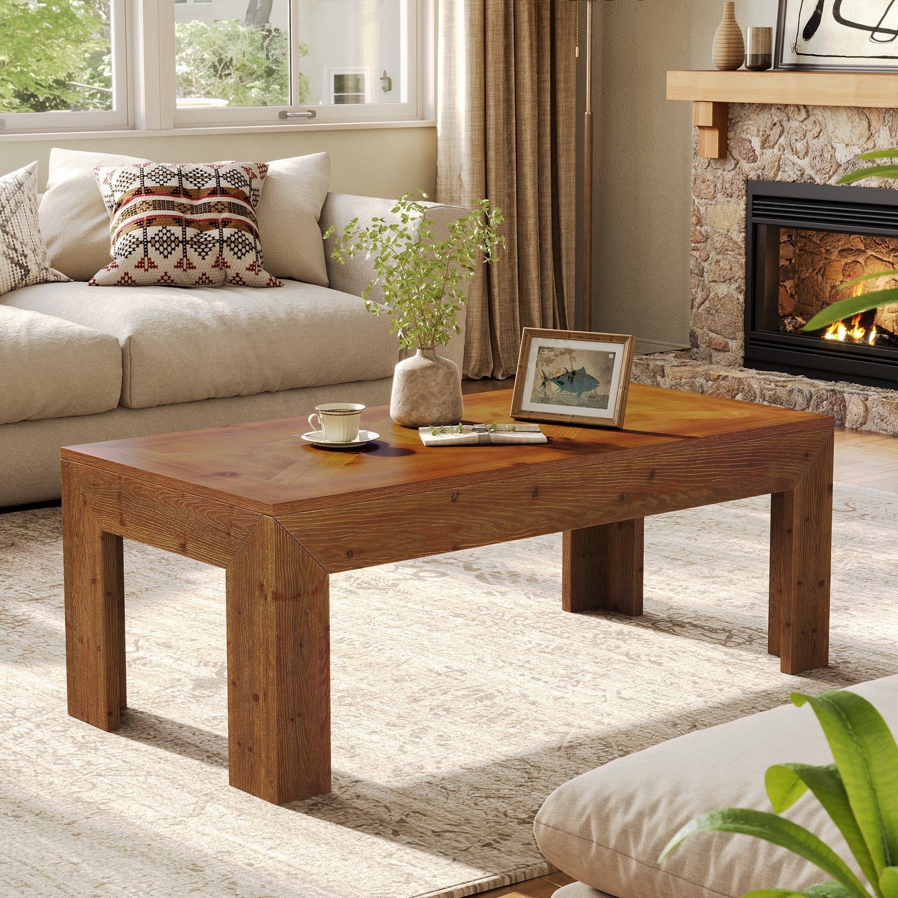 47" Solid Wood Coffee Table, Rectangular Center Cocktail Table