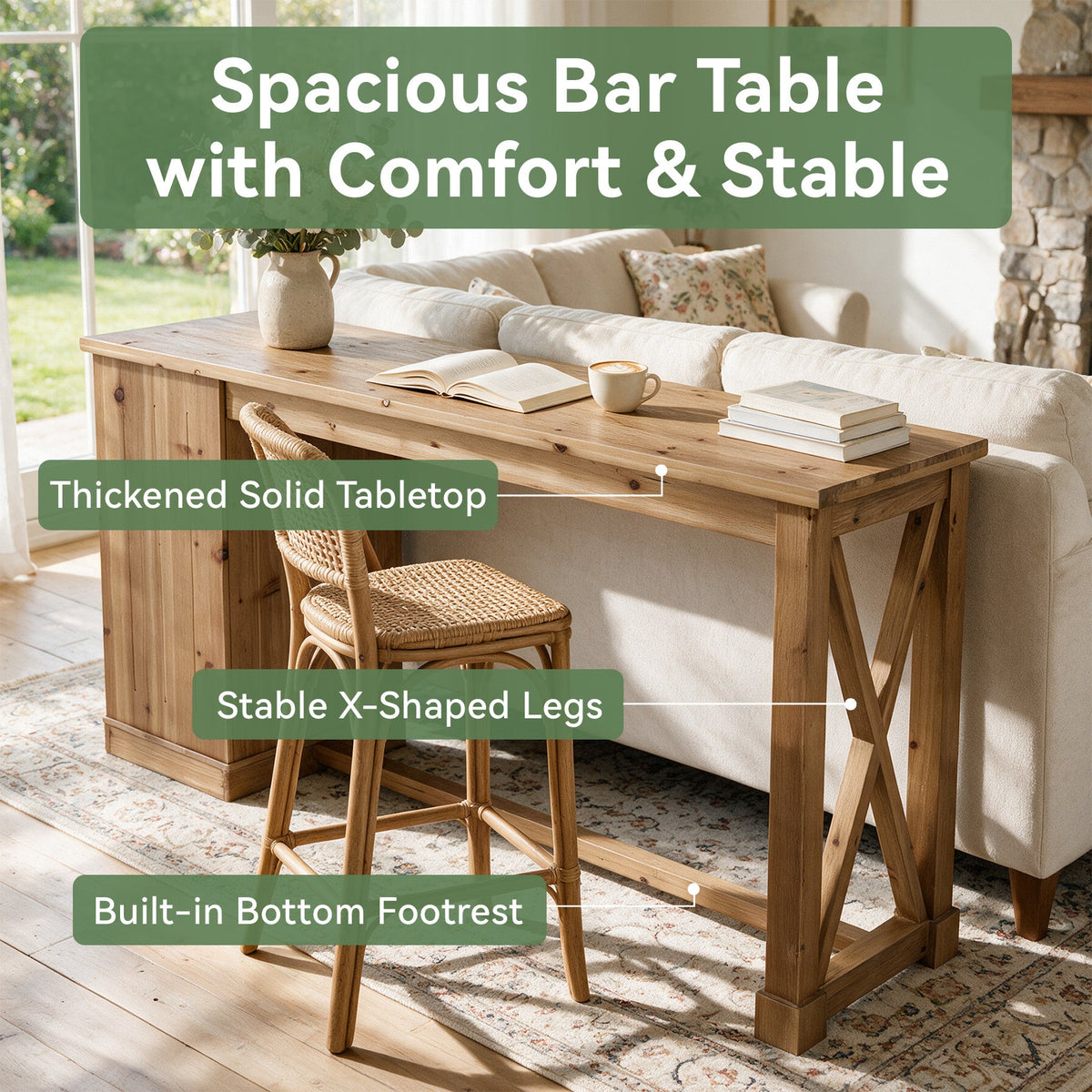 63" Counter Height Bar Table, Farmhouse Solid Wood, Rectangular with 2-Tier Storage