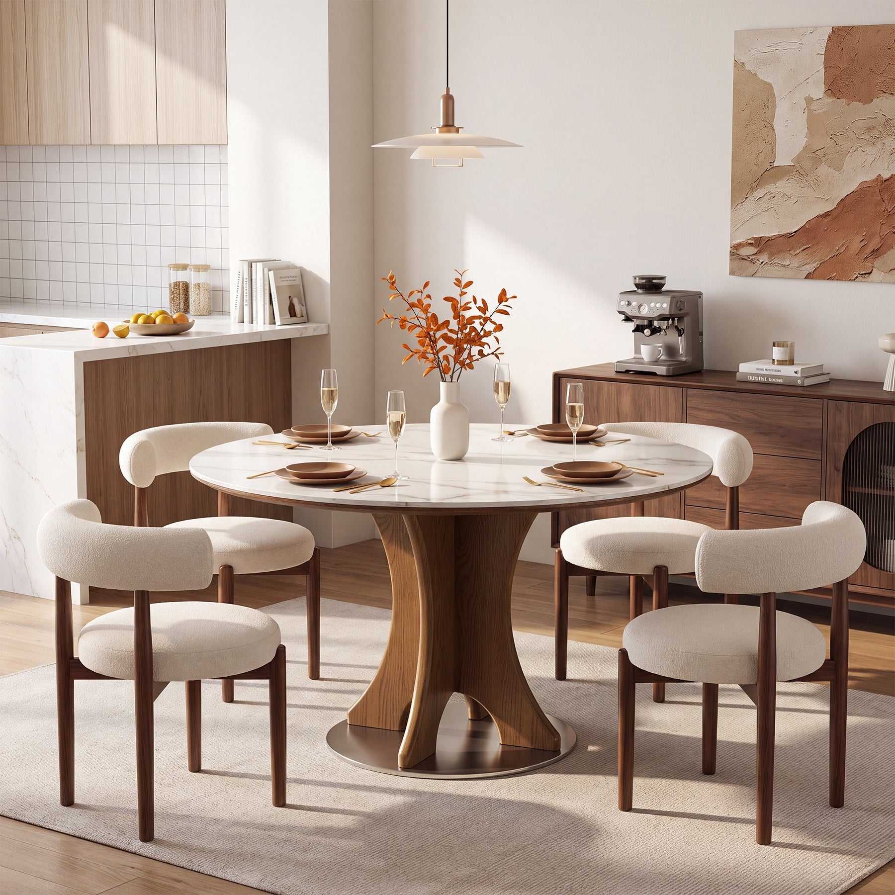 47" Luxury Sintered Stone Dining Table, Solid Wood Round Kitchen Table for 4-6 People