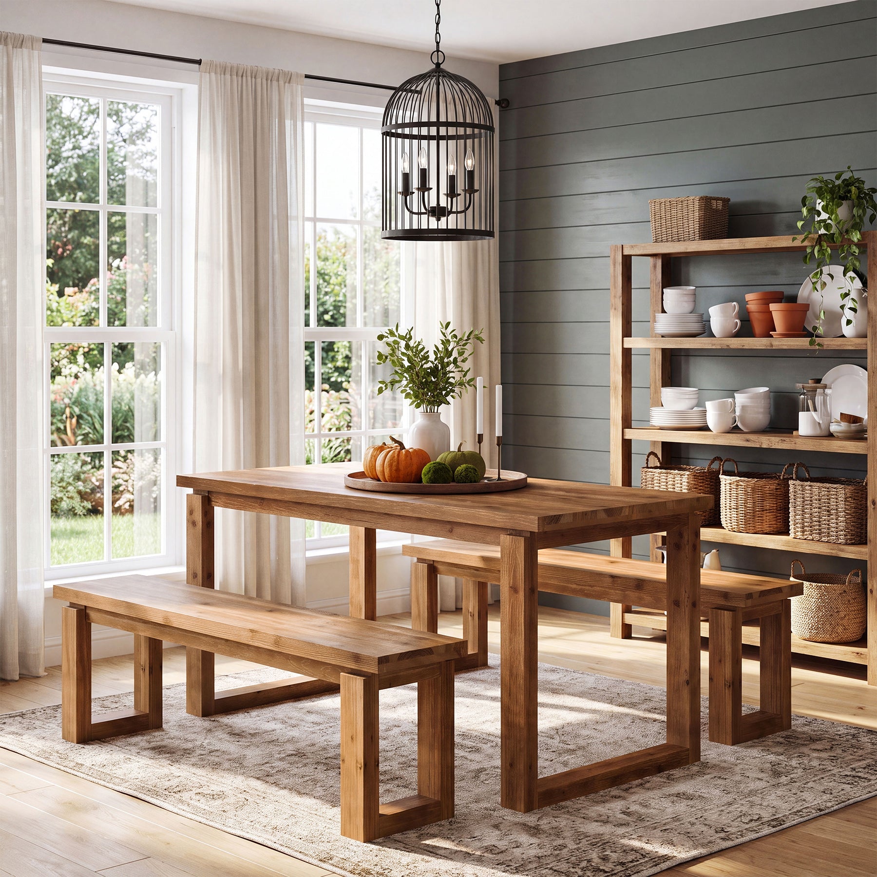 3-Piece Solid Wood Dining Table Set, Rectangular Kitchen Table with 2 Benches