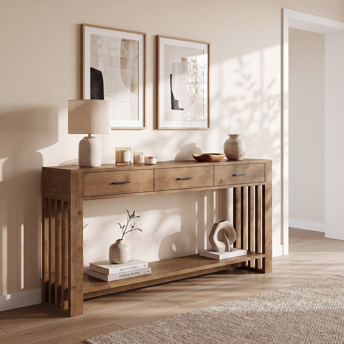 63" Solid Wood Console Table, 3 Drawers 2-Tier Narrow Farmhouse Entryway Table