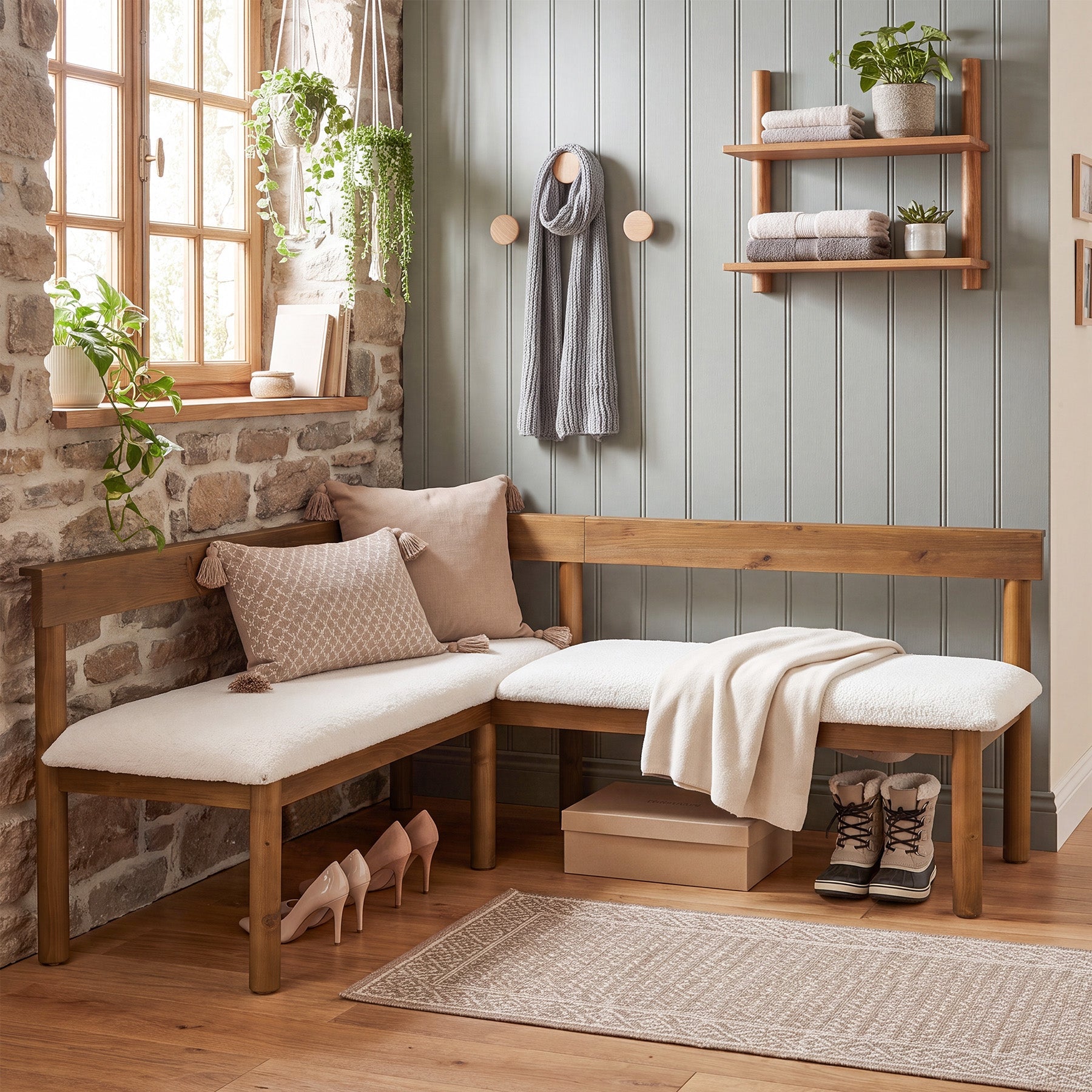 Solid Wood L-Shaped Bench, Upholstered Corner Kitchen Bench with Backrest