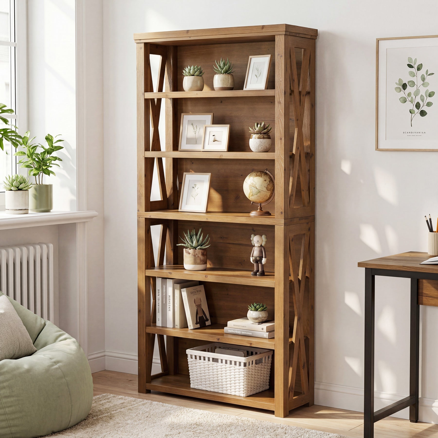 72" Tall Bookshelf, 6-Tier Solid Wood Bookcase with Open Shelves