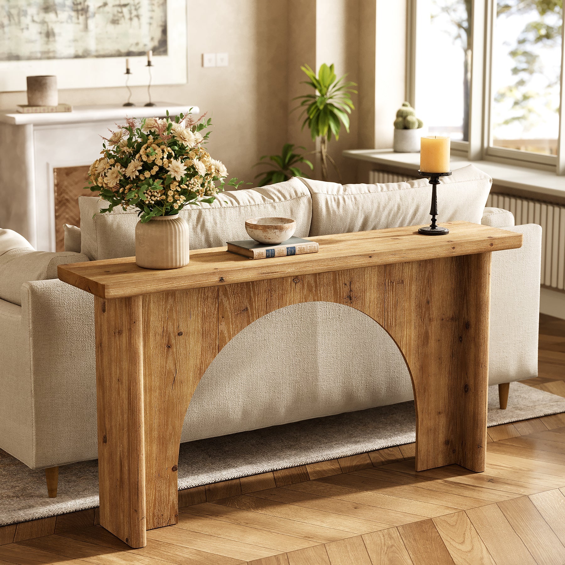 Solid Wood Console Table, 63" Entryway Sofa Table with Unique Arch Base