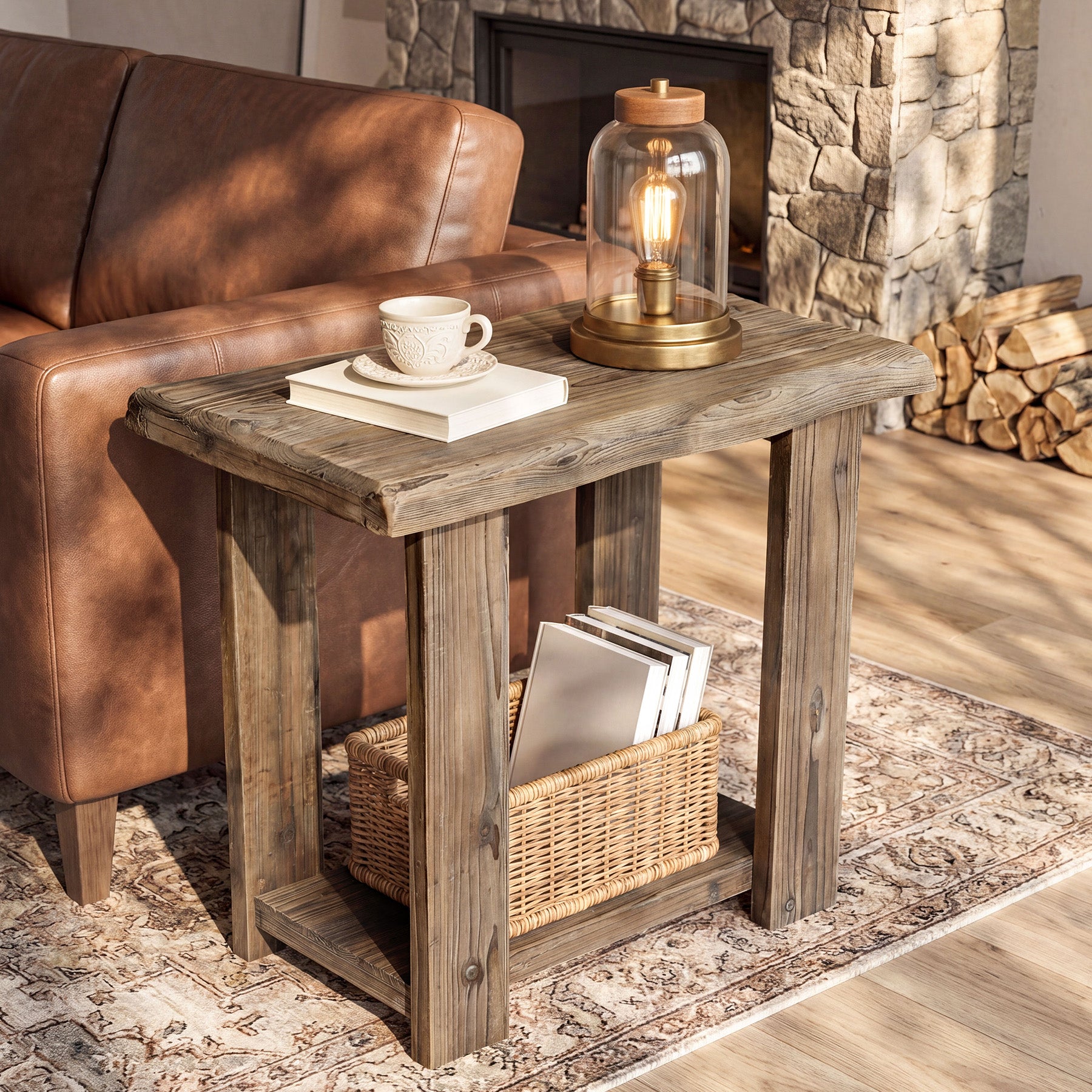 2-Tier Solid Wood End Table, Rectangle Side Table for Living Room