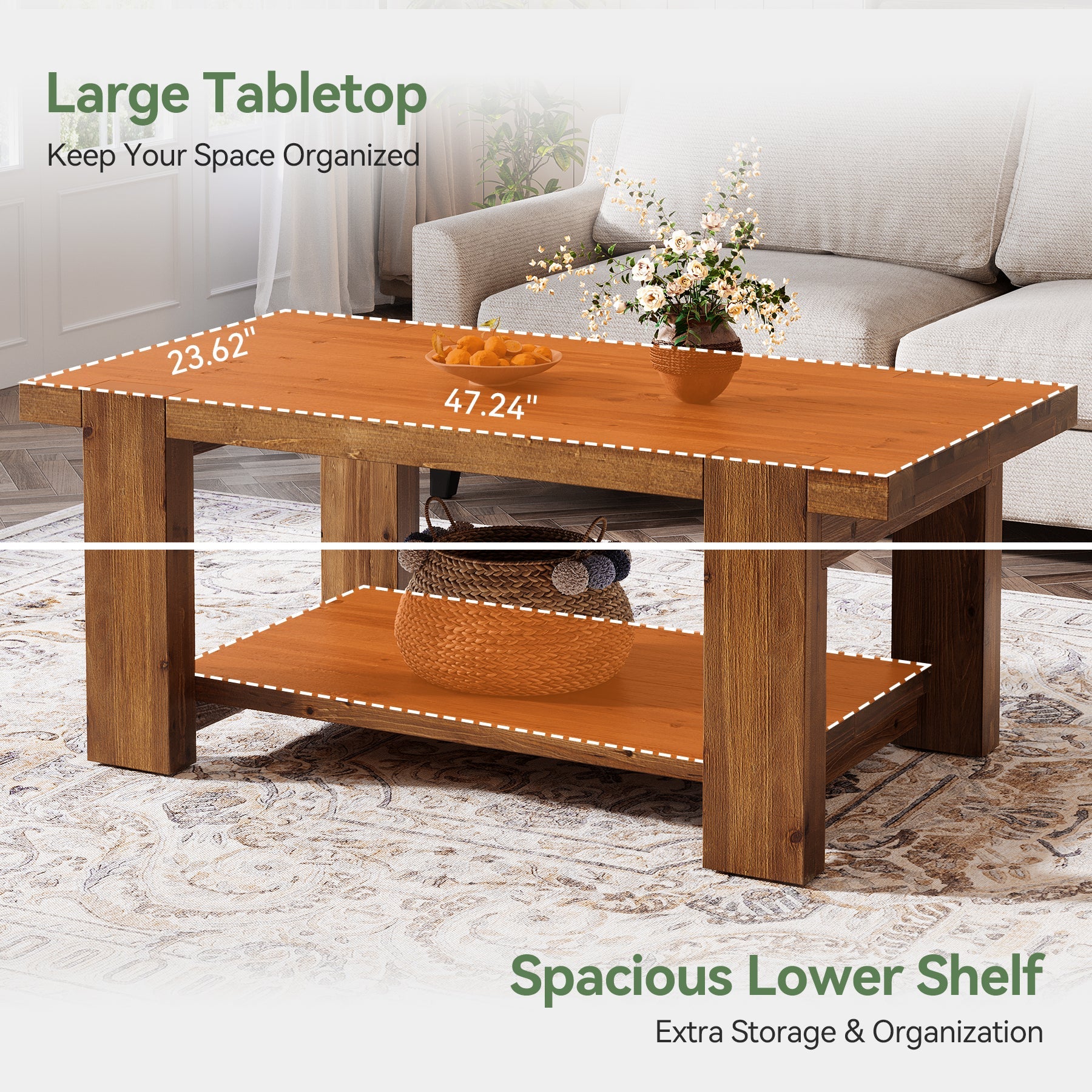 47.2" Solid Wood Coffee Table, Rectangle Center Table with 2-Tier Storage Shelf