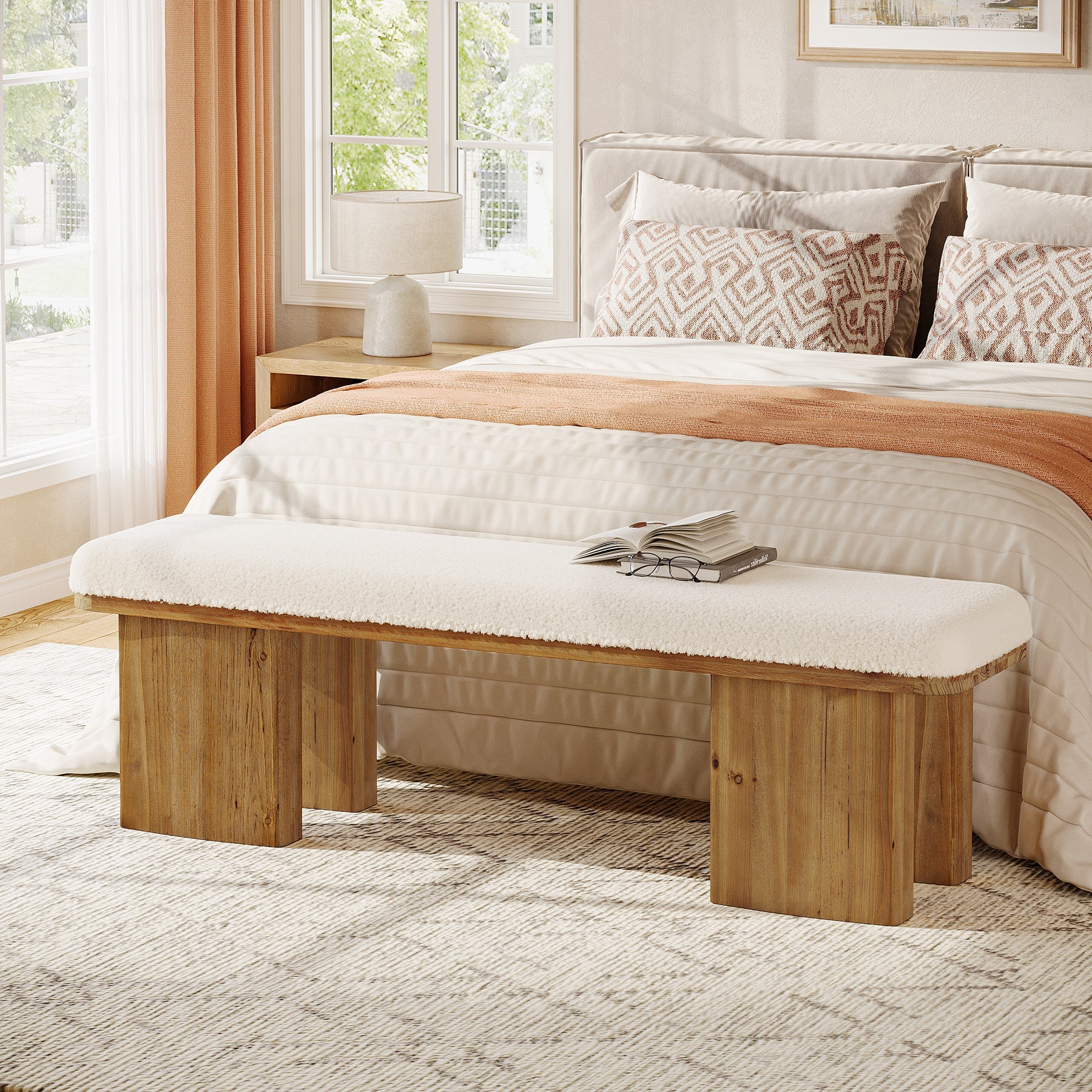 59" Solid Wood Entryway Bench, Modern Upholstered End of Bed Bench