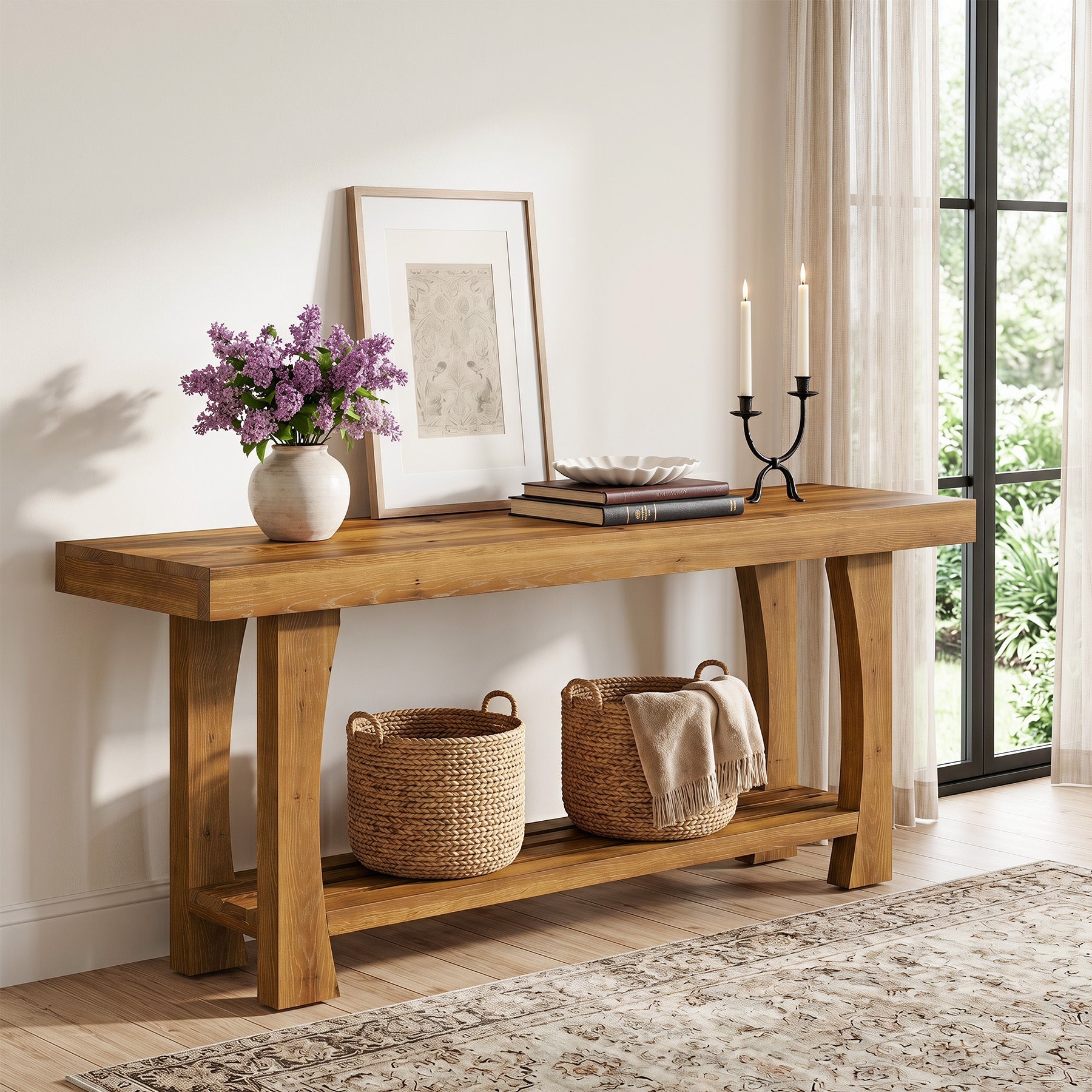 Solid Wood TV Stand, Farmhouse Media Console Table with 2-Tier Open Shelves