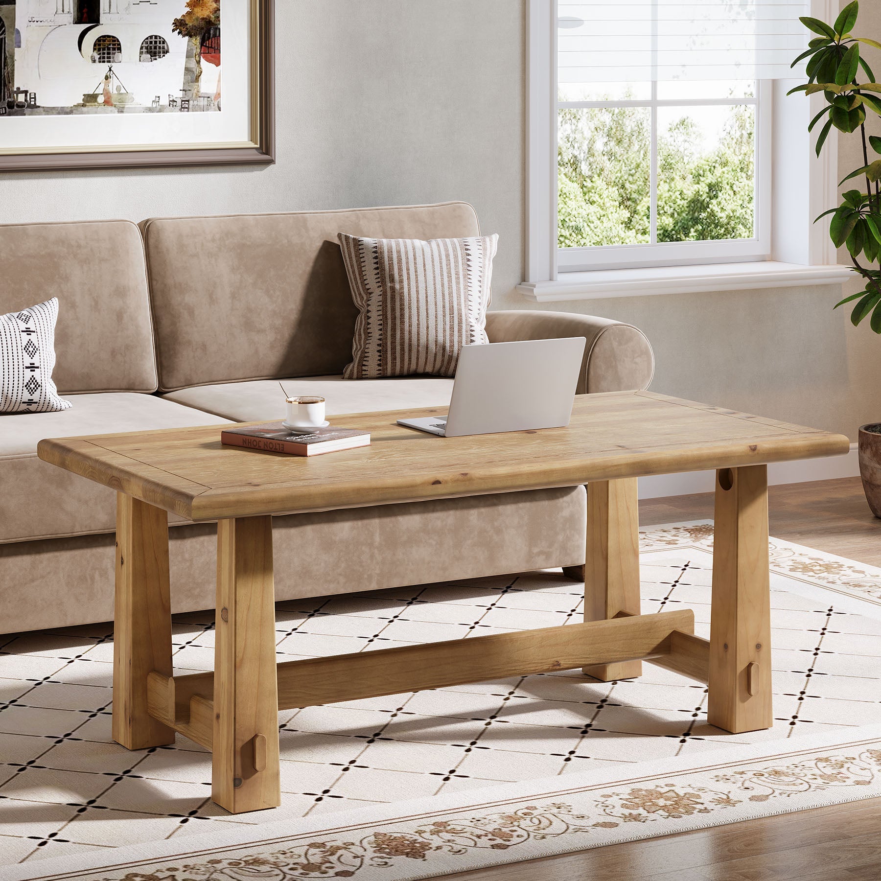 47" Solid Wood Coffee Table, Rectangular Center Table with H-Shaped Base