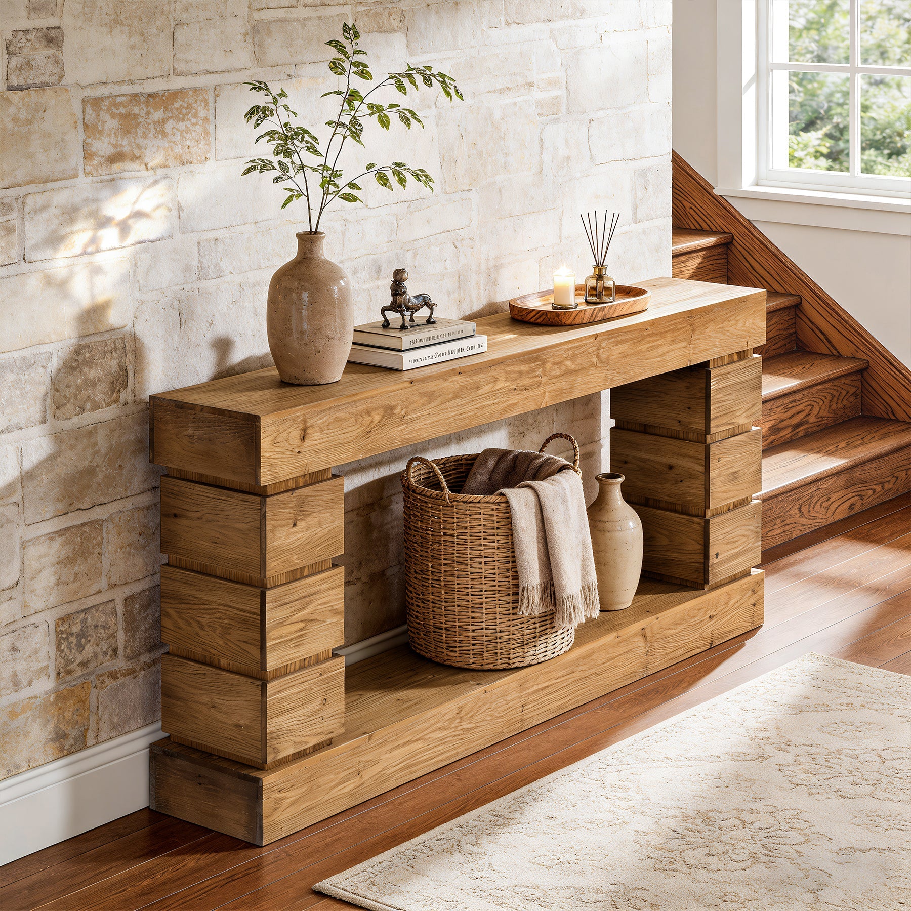 62.9" Solid Wood Console Table with Storage Shelf, Narrow Entryway Sofa Table for Hallway or Living Room