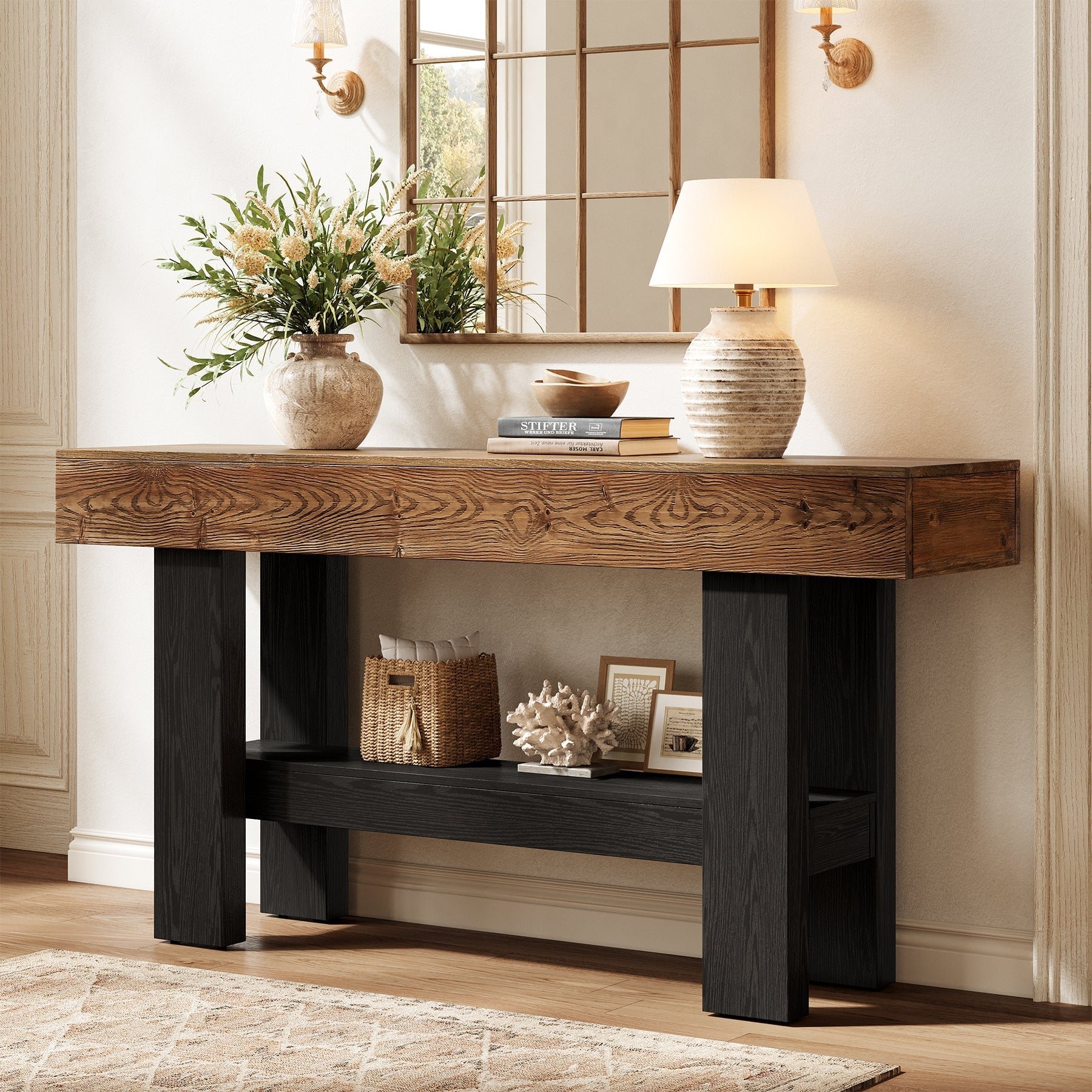 63" Solid Wood Console Table, Narrow Sofa Table with Storage Shelf