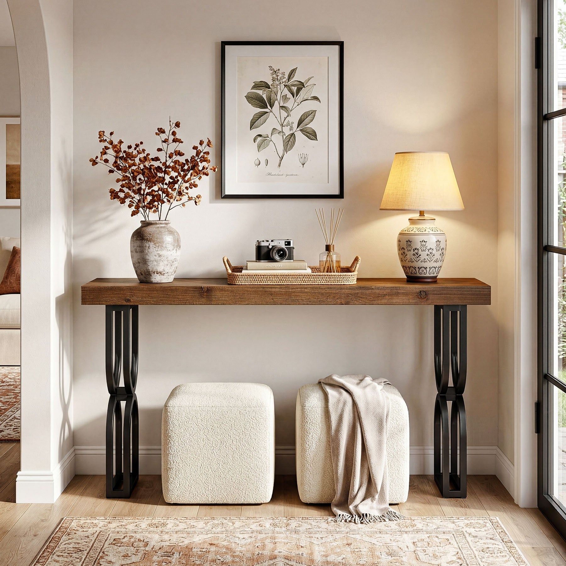 59" Solid Wood Console Table, Narrow Sofa Table with Metal U-Shaped Legs, Industrial Entryway Table for Hallway & Living Room