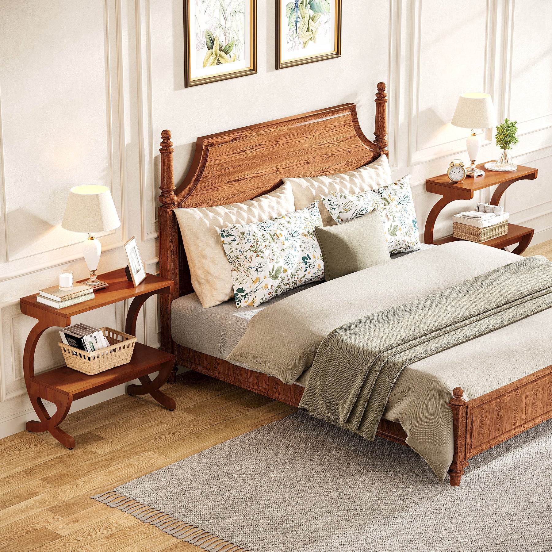 Solid Wood Nightstand, 23.62" Bedside Table with 2-Tier Storage Shelf