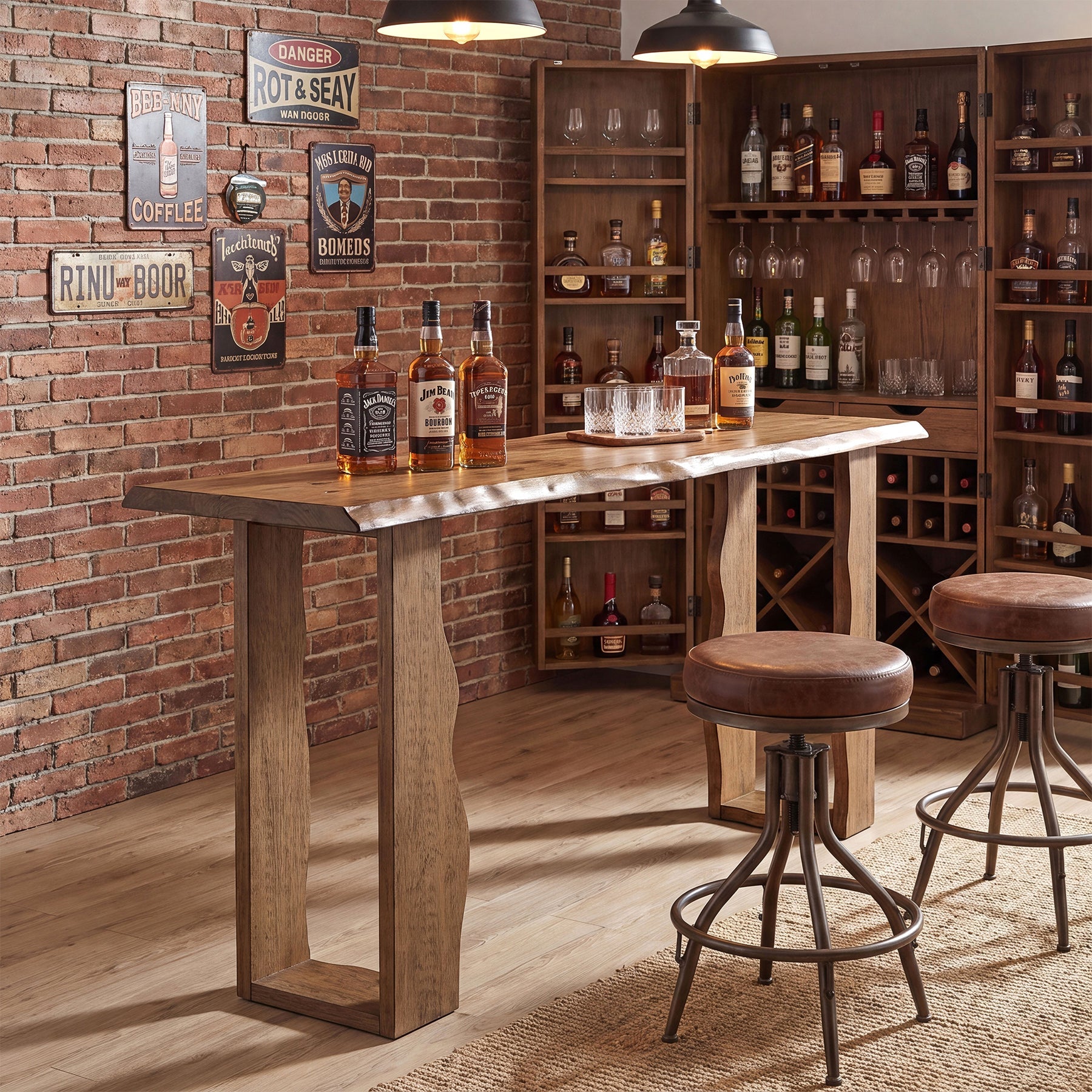 Solid Wood Bar Table with Curved Wave Legs, 70.9" Counter Height Pub Table for Kitchen