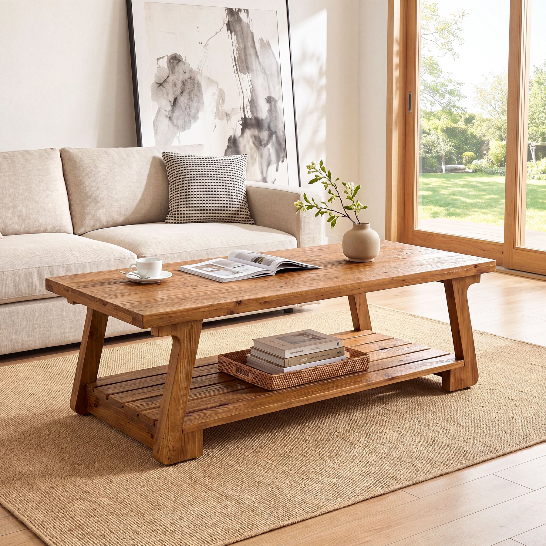 55" Solid Wood Coffee Table, 2-Tier Center Tea Table with Storage Shelf for Living Room