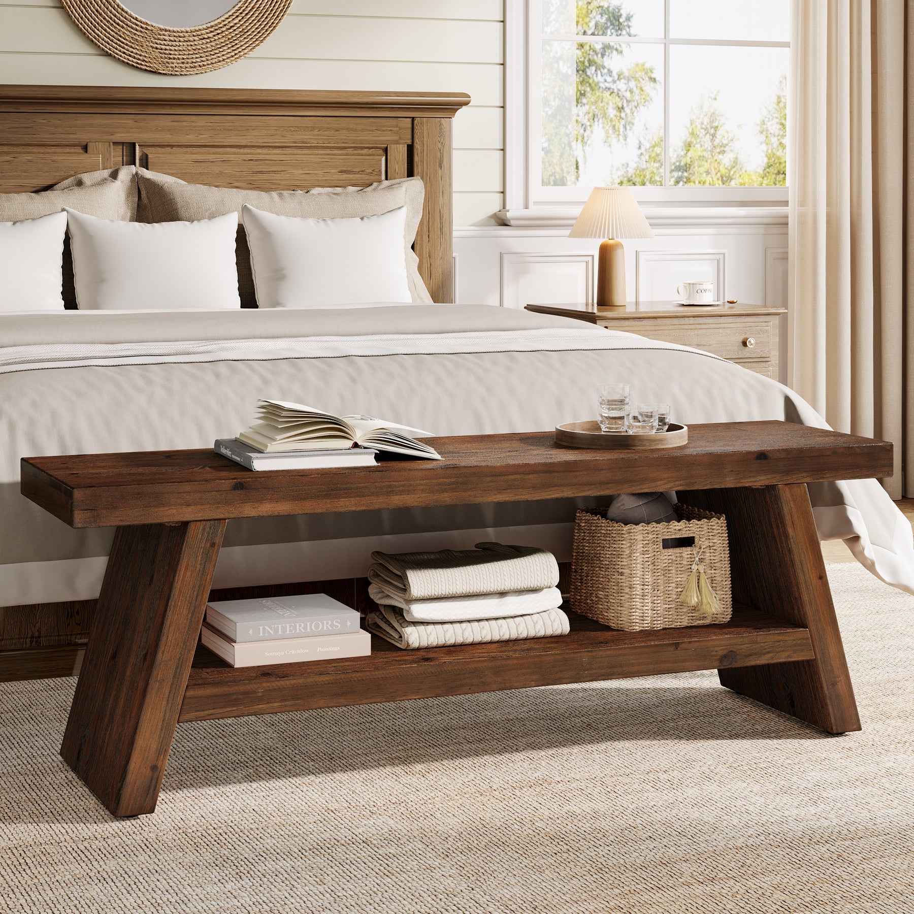 2-Tier Solid Wood Entryway Bench with Open Storage, Wooden Shoe Bench for Hallway & Foyer