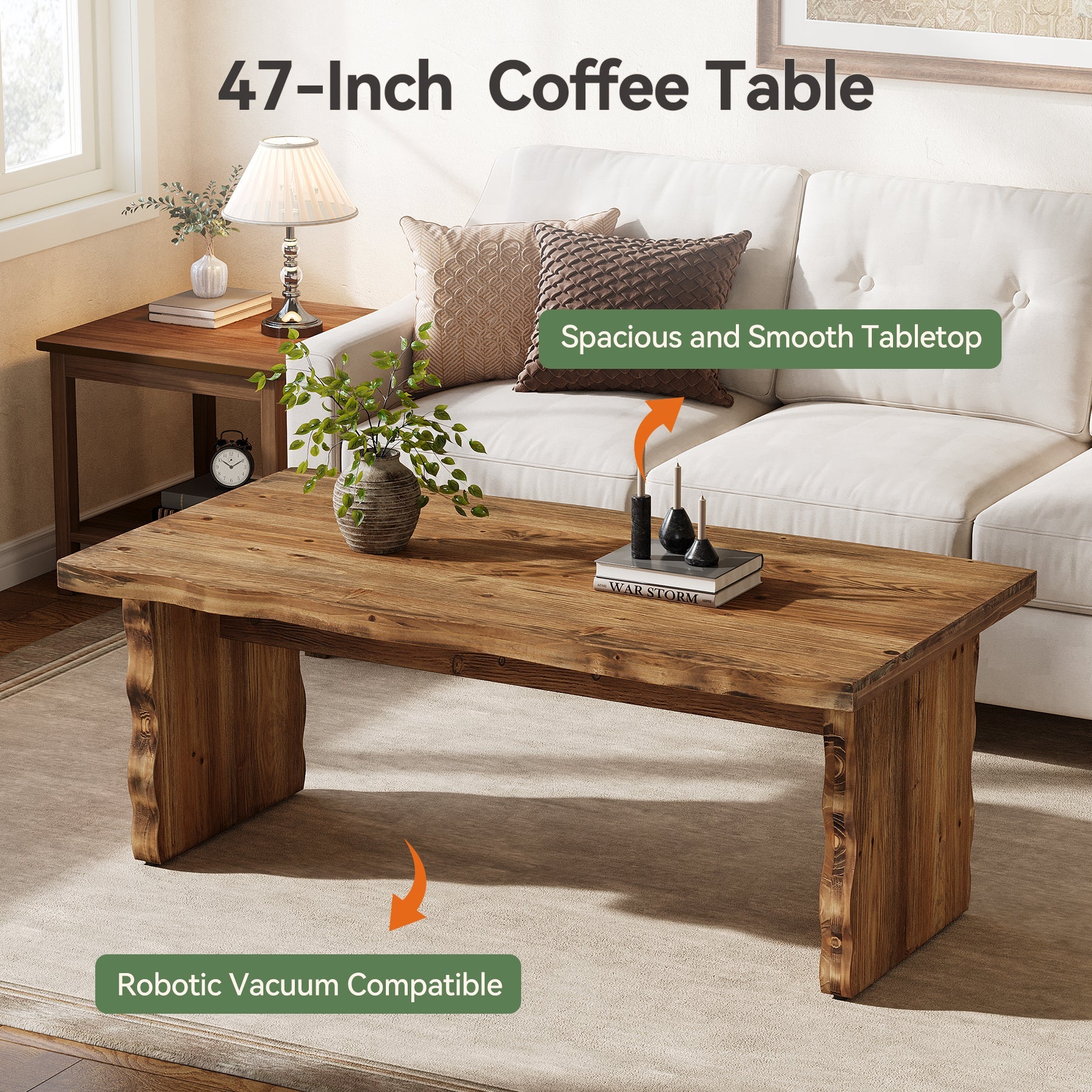 47.24" Solid Wood Coffee Table, Rectangular Center Table For Living Room