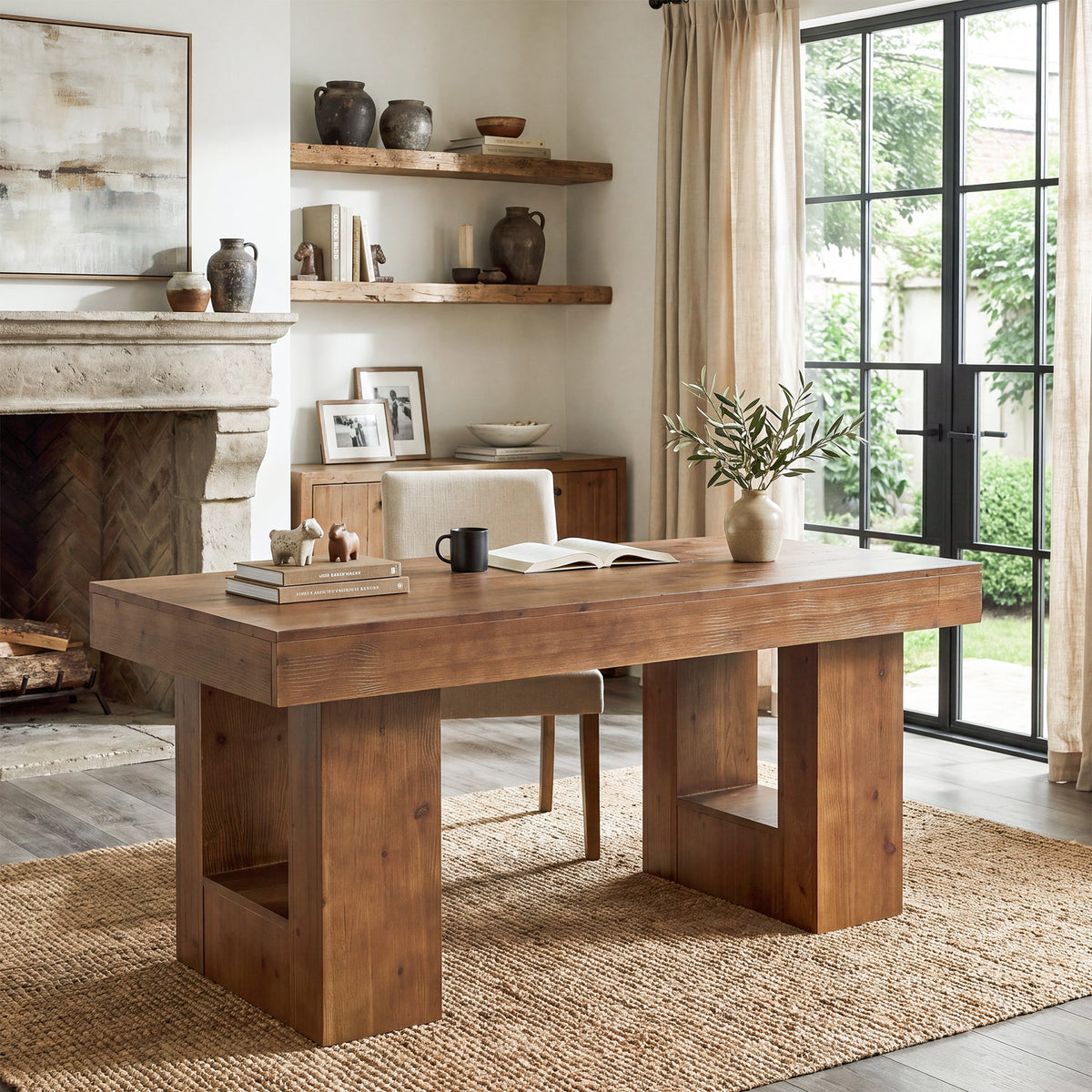 63" Solid Wood Computer Desk, Rectangular Home Office Desk with Sturdy Pedestal Base