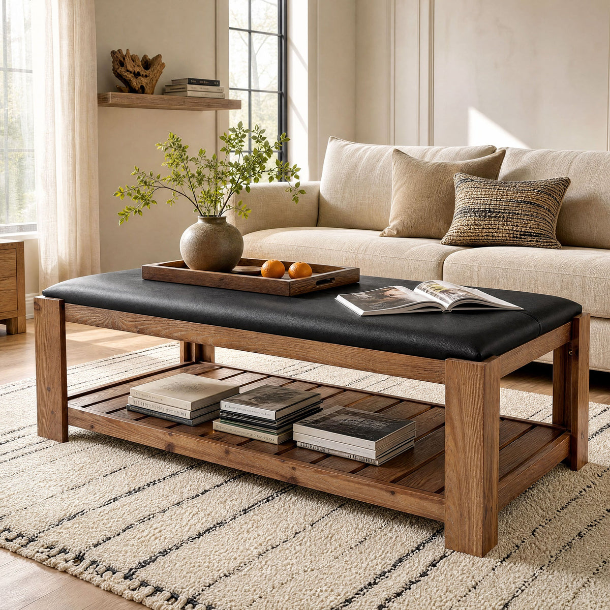 55" Solid Wood Coffee Table with PU Leather Padded Top & Storage Shelf