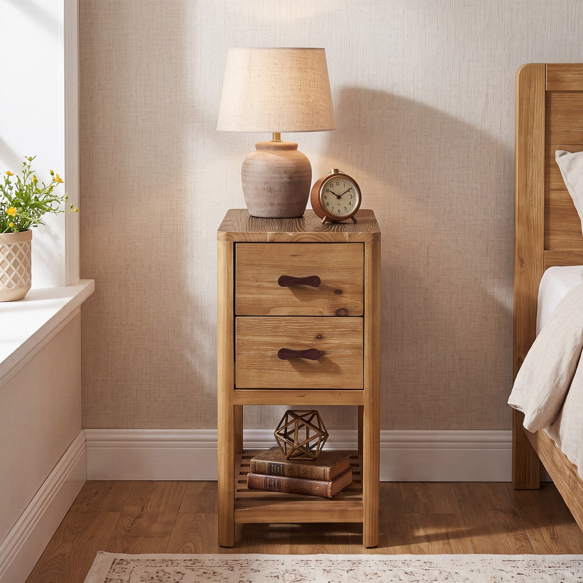 Farmhouse Narrow Nightstand with 2 Drawers, Solid Wood Skinny Bedside Table, Bedroom