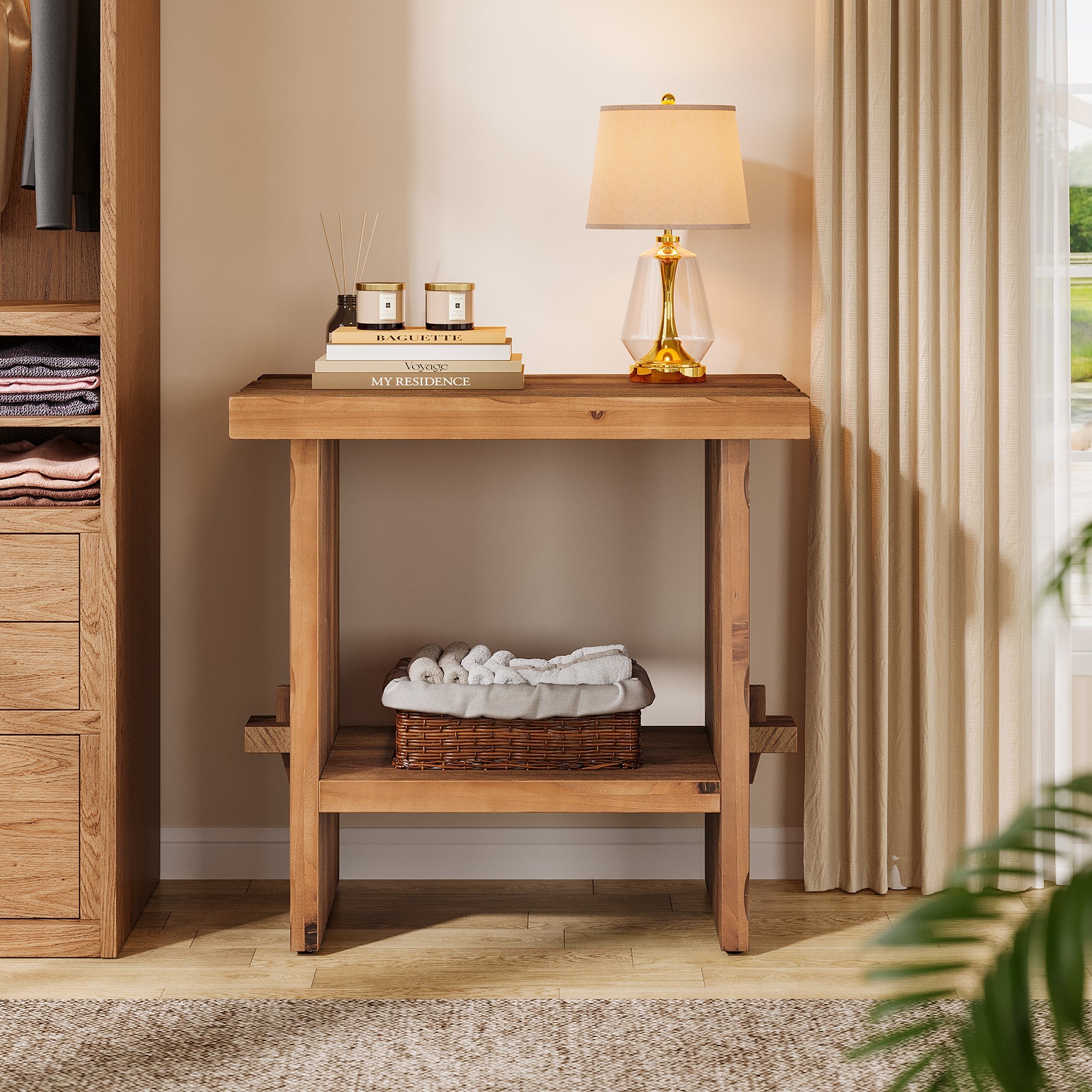 23.62-Inch Solid Wood Nightstand with Storage, Farmhouse Bedside Table with Wooden Base for Bedroom
