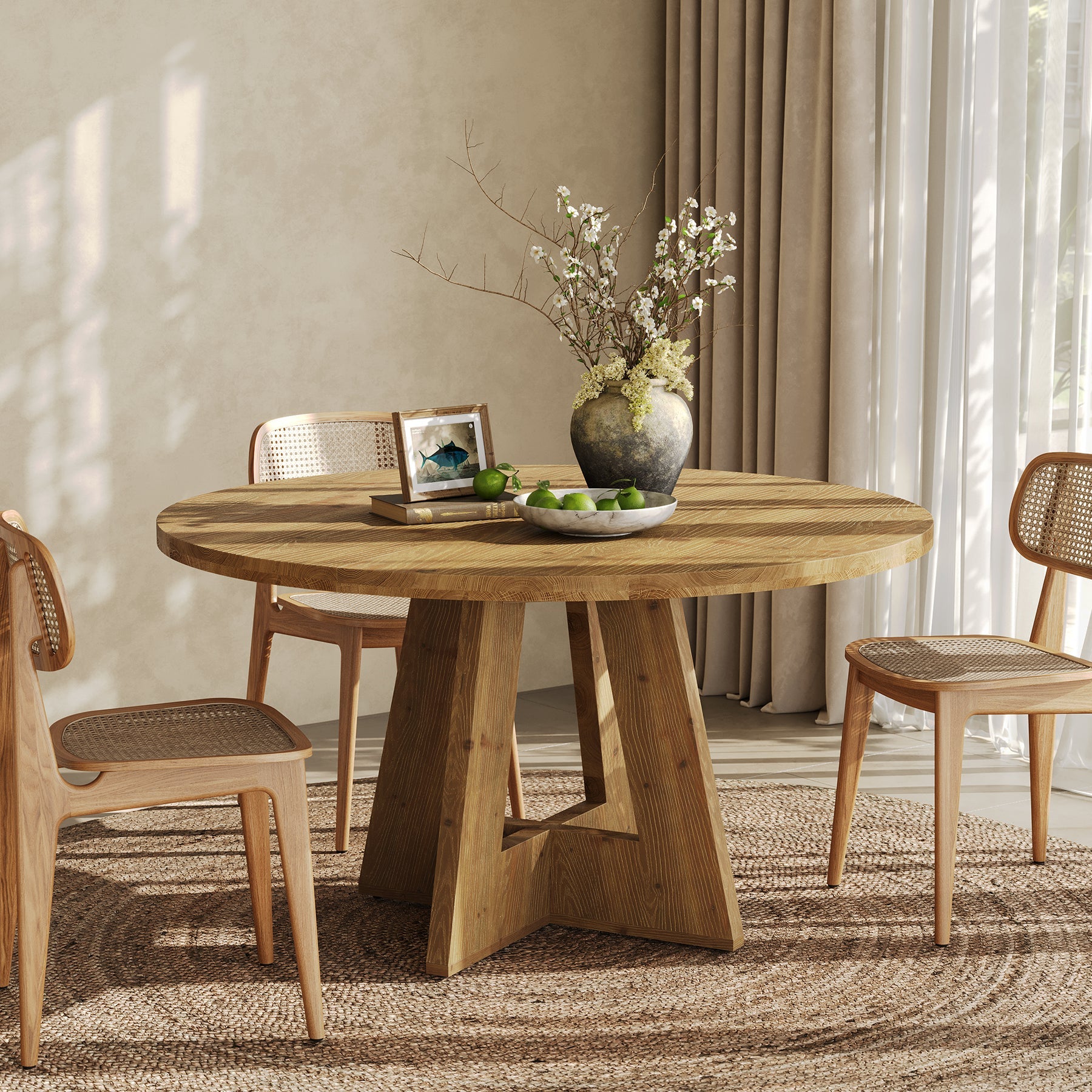 Solid Wood Round Dining Table, 47" Farmhouse Kitchen Table for 4-6