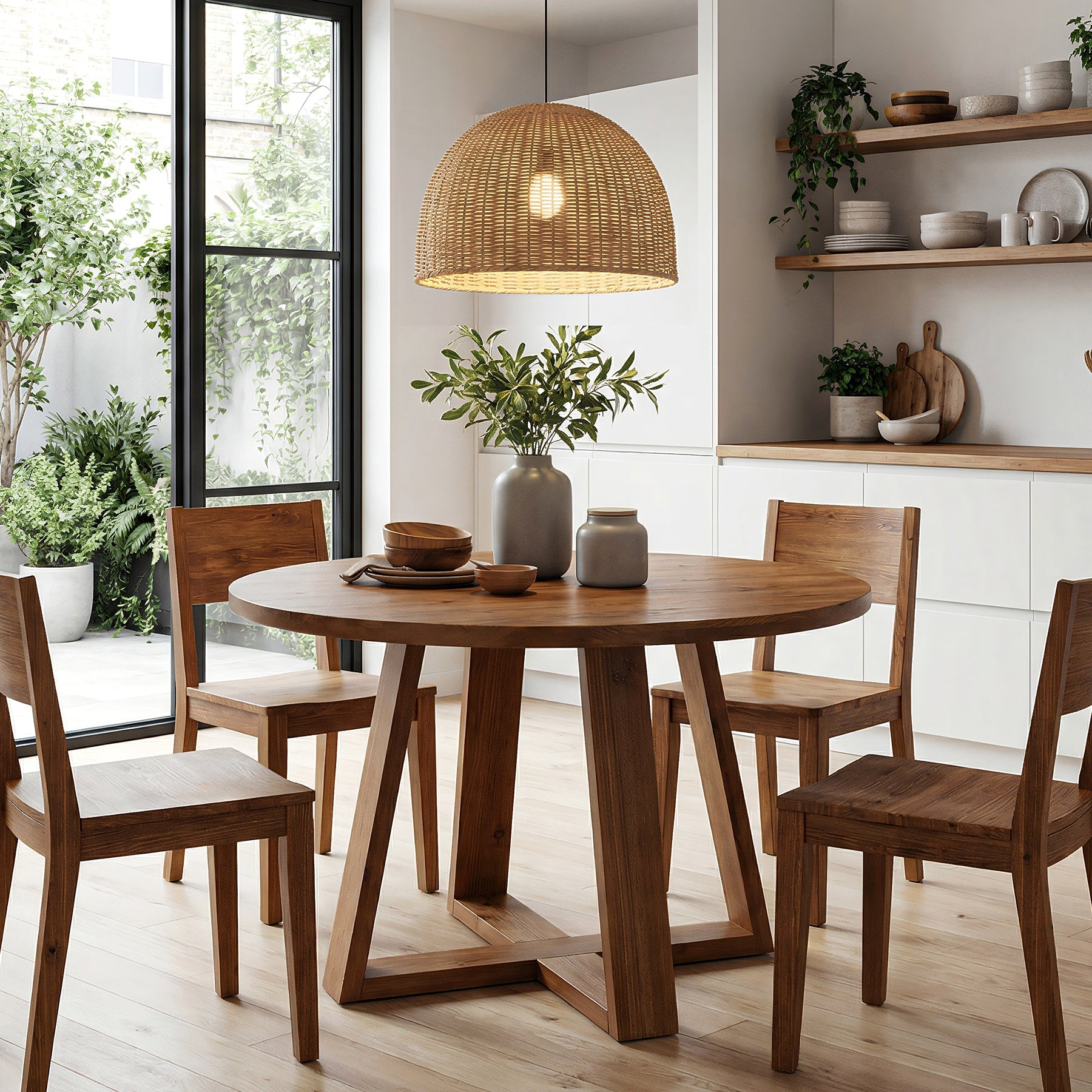 47.2" Round Dining Table, Farmhouse Solid Wood Kitchen Table with Trestle Base for 4