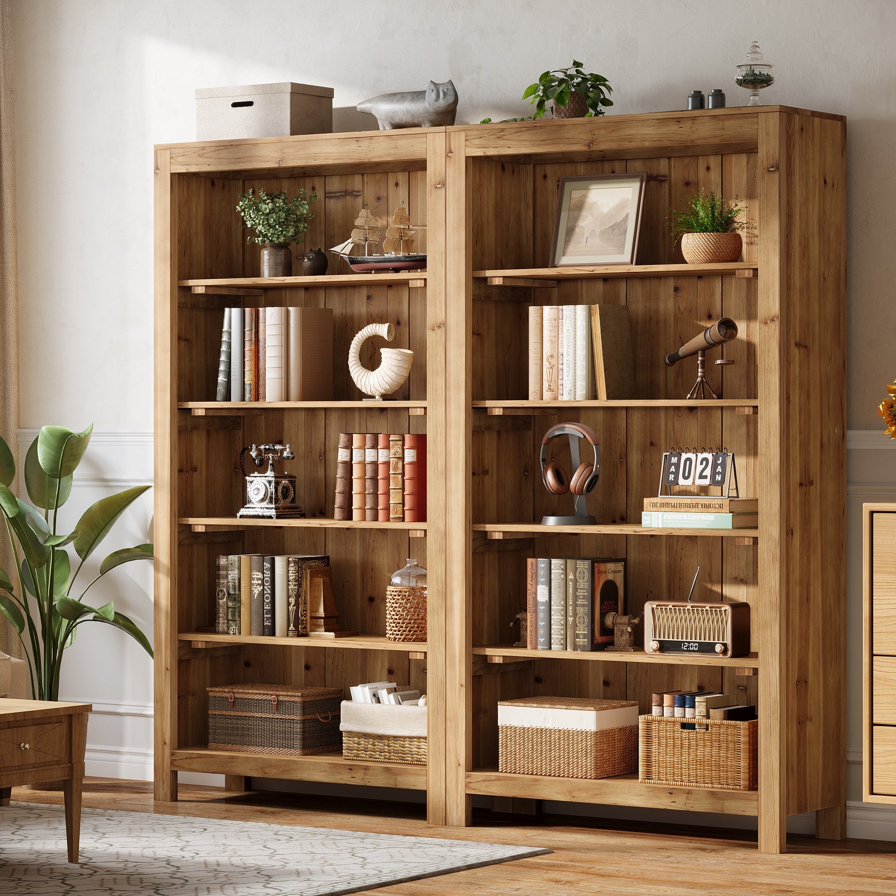 Solid Wood Bookcase, 5-Tier Bookshelf Display Storage Shelves