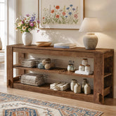 63" Solid Wood Console Table, Farmhouse Sofa Entryway Table with 3-Tier Storage Shelves 3