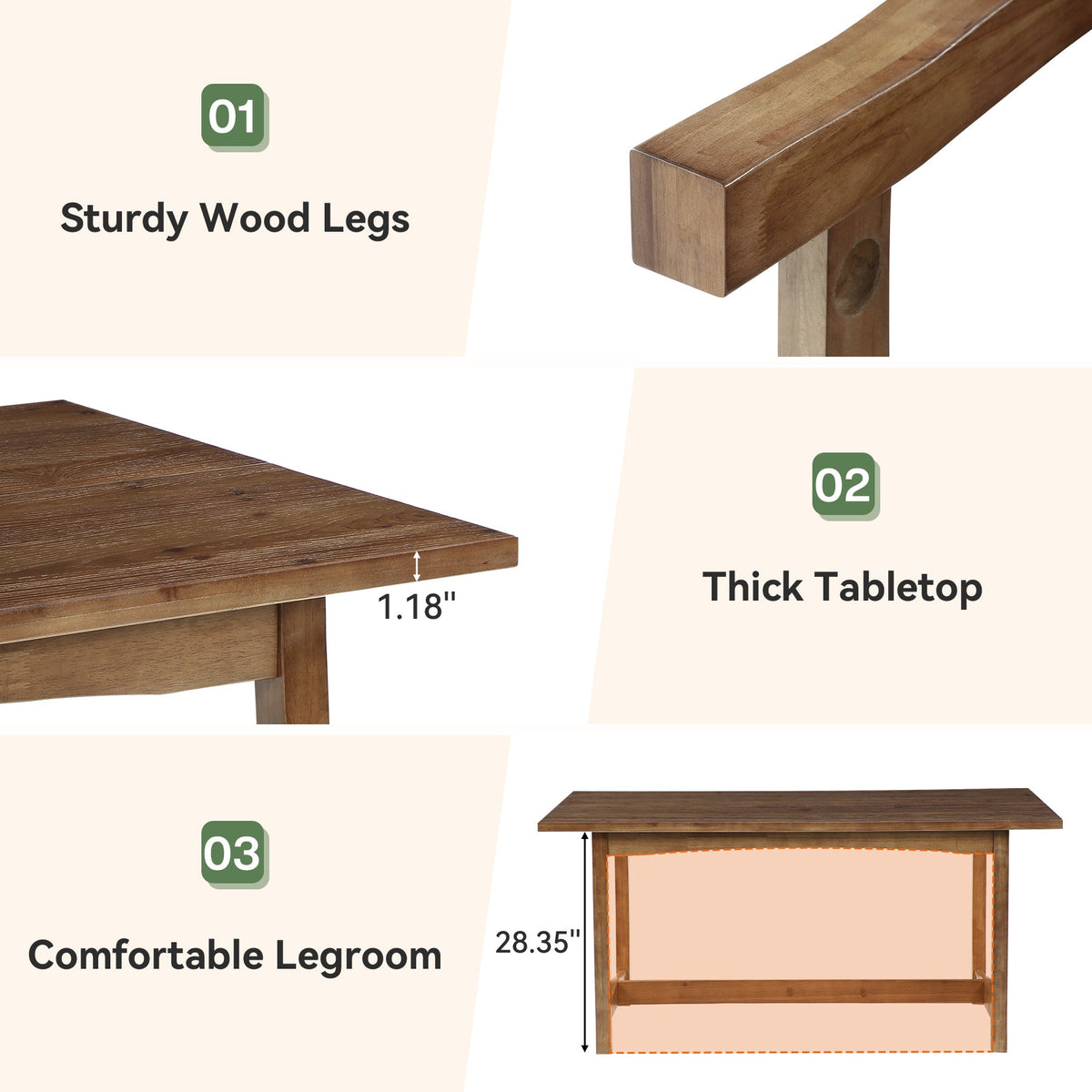 63" Solid Wood Dining Table for 4-6, Rectangle Kitchen Table with Reinforced Trestle Base