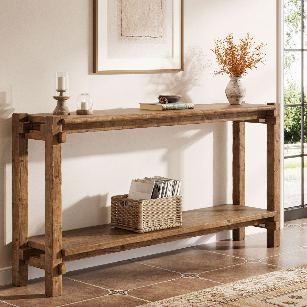 63" Solid Wood Console Table, 2 - Tier Farmhouse Entryway Table with Storage Tribesigns