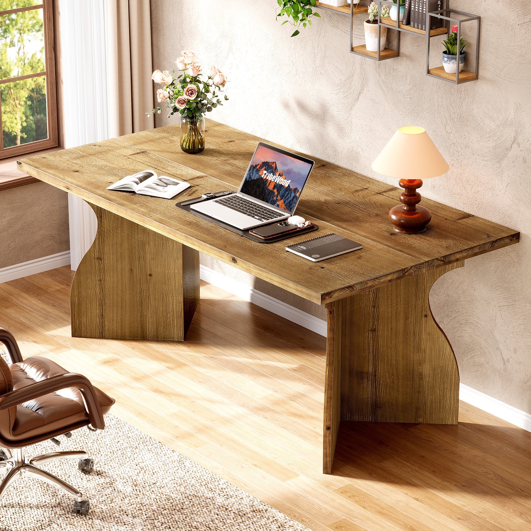 Solid Wood Executive Desk, 63" Office Computer Desk with V-Shaped Legs