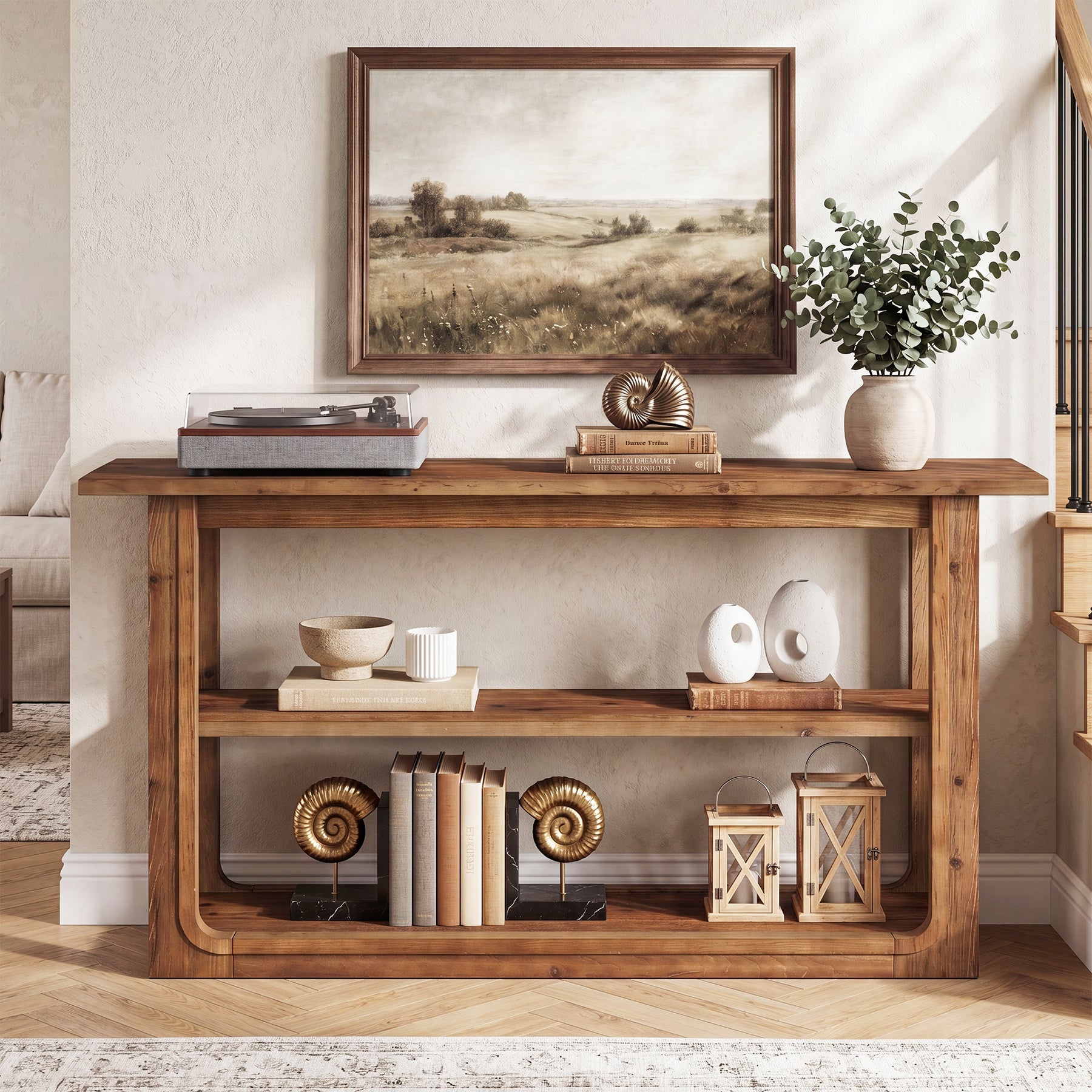 55" Solid Wood Console Table, 3-Tier Farmhouse Accent Sofa Table for Entryway
