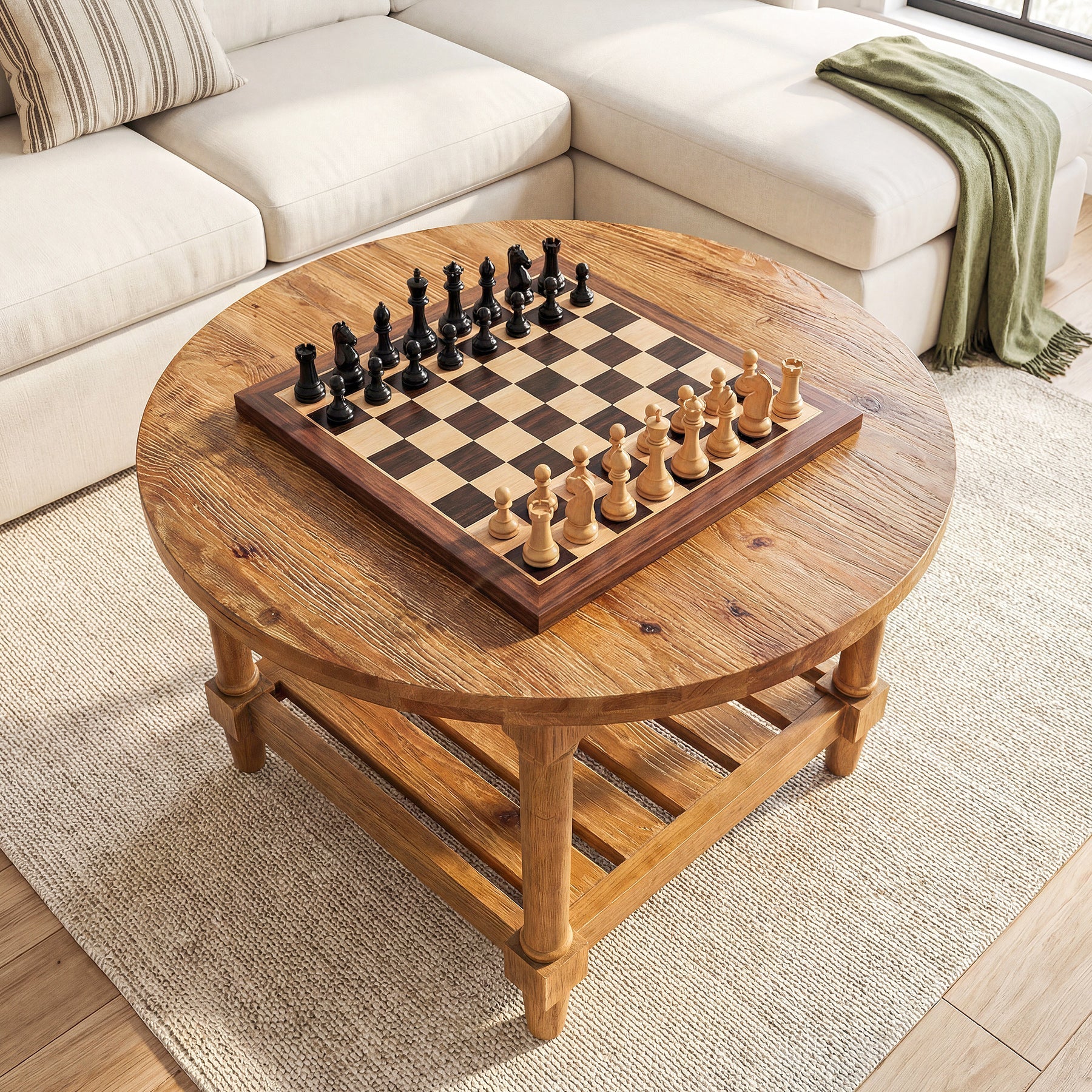 Solid Wood Round Coffee Table, 31.5" Center Table with 2-Tier Storage