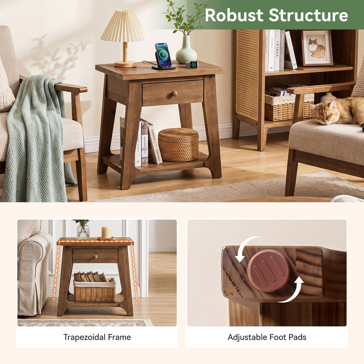 Solid Wood End Table, Narrow Side Table with Drawer & Open Shelf for Small Spaces