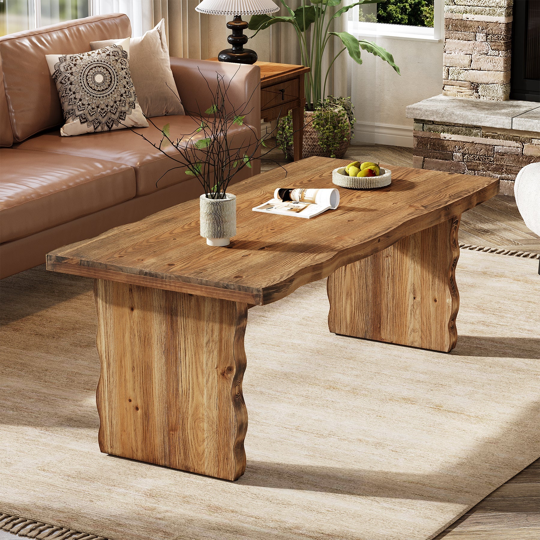 47.24" Solid Wood Coffee Table, Rectangular Center Table For Living Room