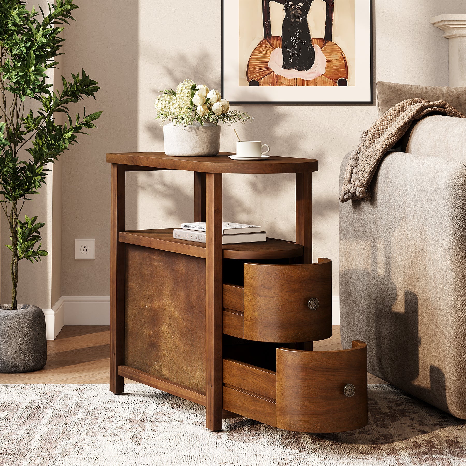 Solid Wood End Table, Slim Side Table with 2 Drawers & Open Shelf