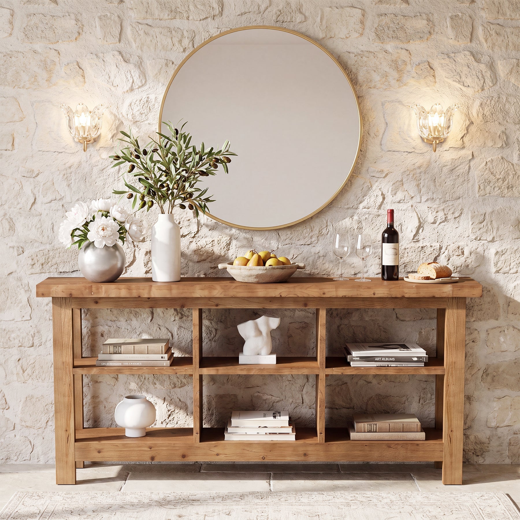 70.8" Long Console Table, 3-Tier Solid Wood Entryway Table with 6 Cubes Shelf